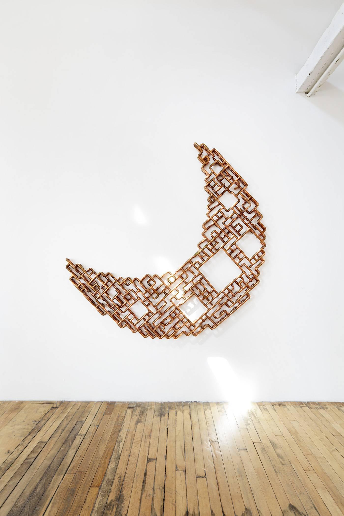 Title: Selenoglyph, #2
Year: 2015

Selenoglyph, #2 (“written upon the moon”) is a large-scale, wall-mounted sculpture executed entirely in half-inch copper tubing. Its inspiration is derived from the Greek lunar goddess, Selene, and the copper’s