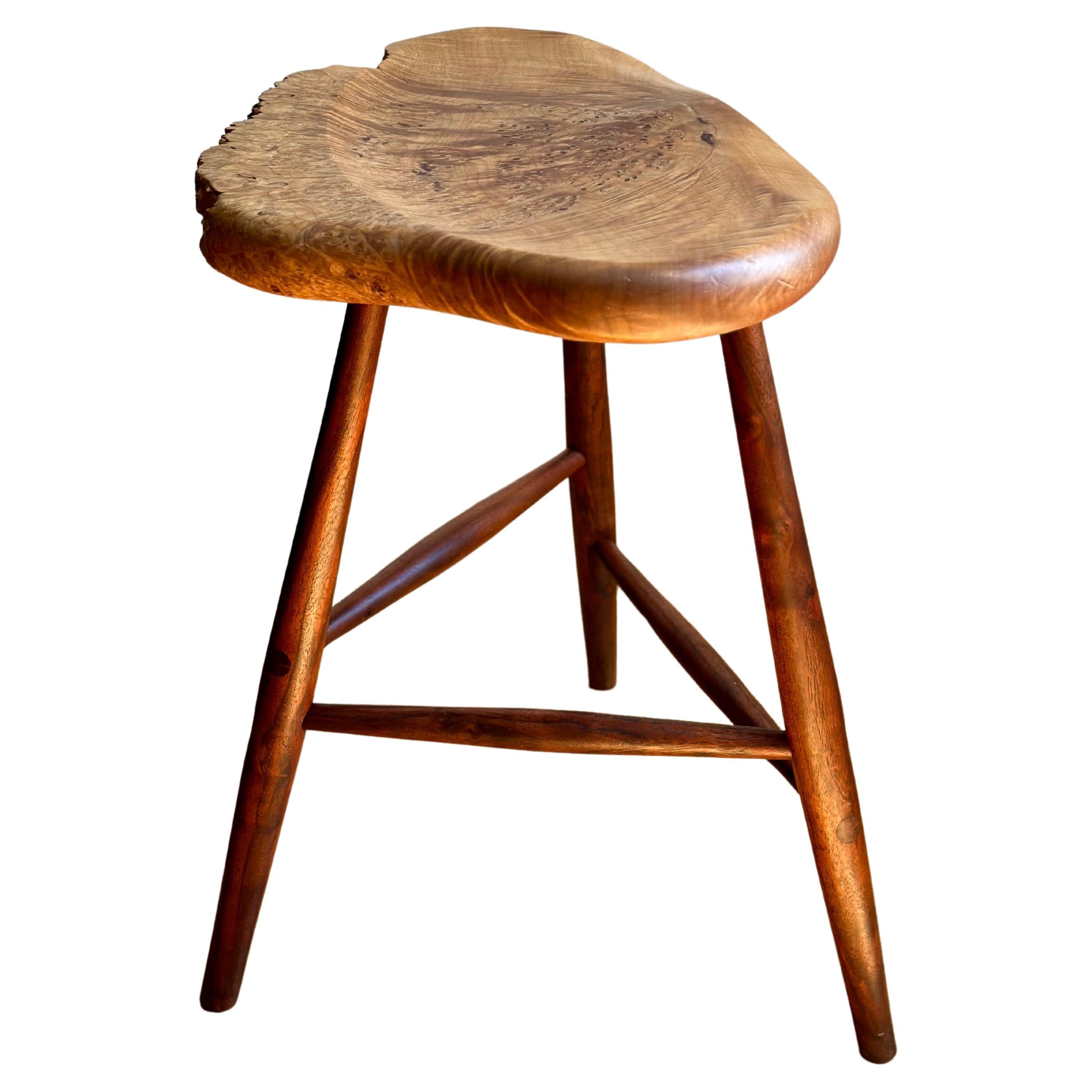 American Studio Live Edge Stool in Walnut and Maple Burl by Michael Elkan For Sale