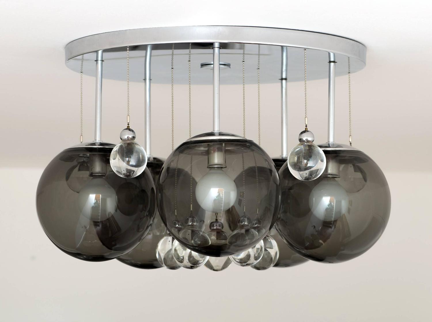 Pair of Smoke and Clear Glass 'Bubbles' Chrome Flush Mount Chandelier