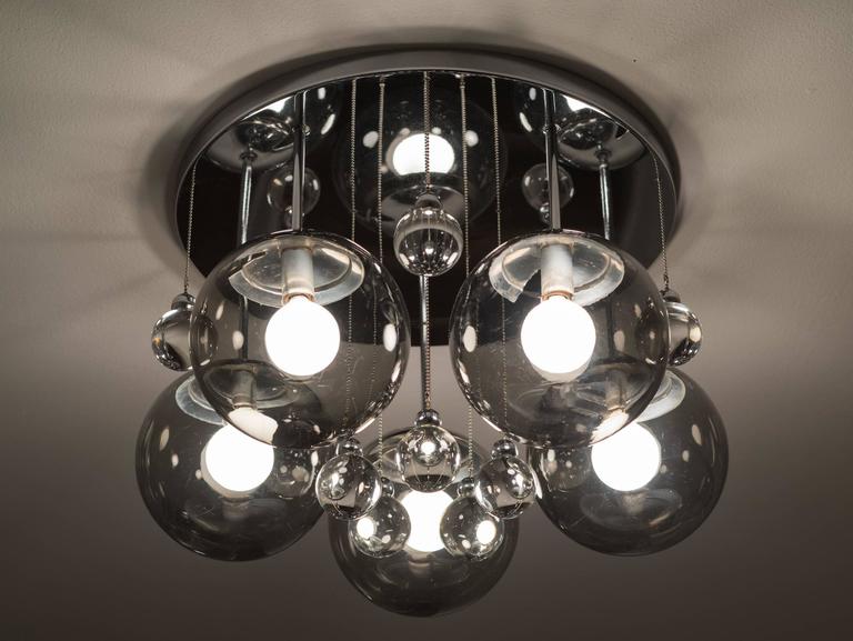 Pair of Smoke and Clear Glass 'Bubbles' Chrome Flush Mount Chandelier