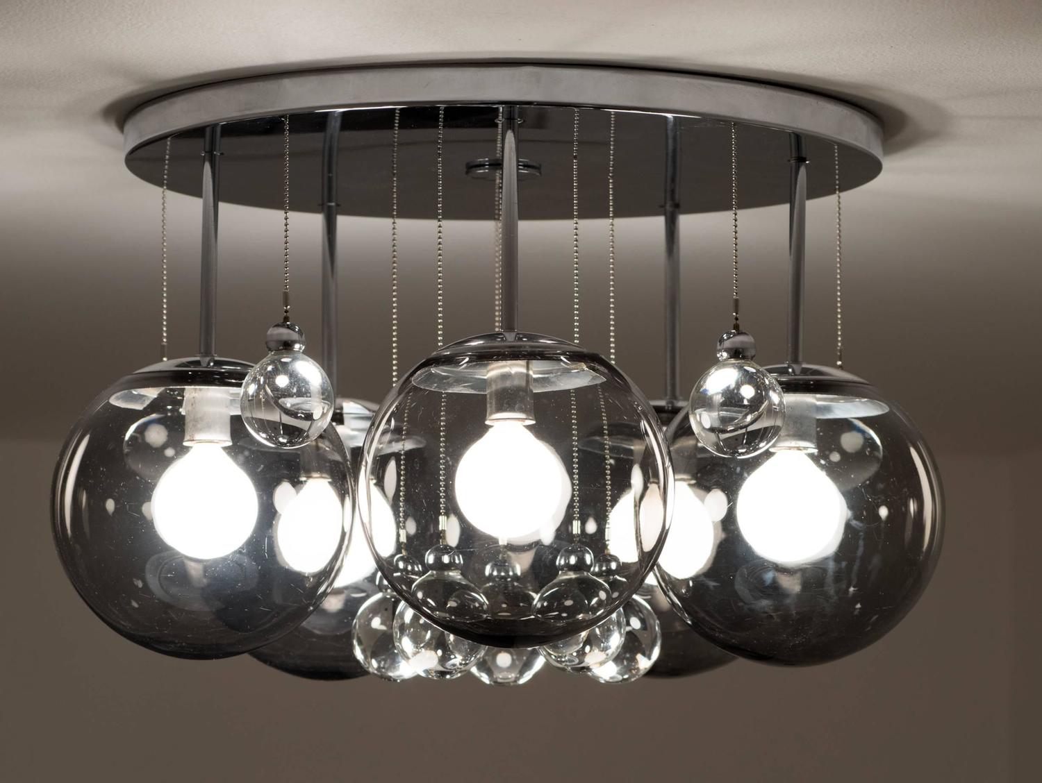 Pair of Smoke and Clear Glass 'Bubbles' Chrome Flush Mount Chandelier