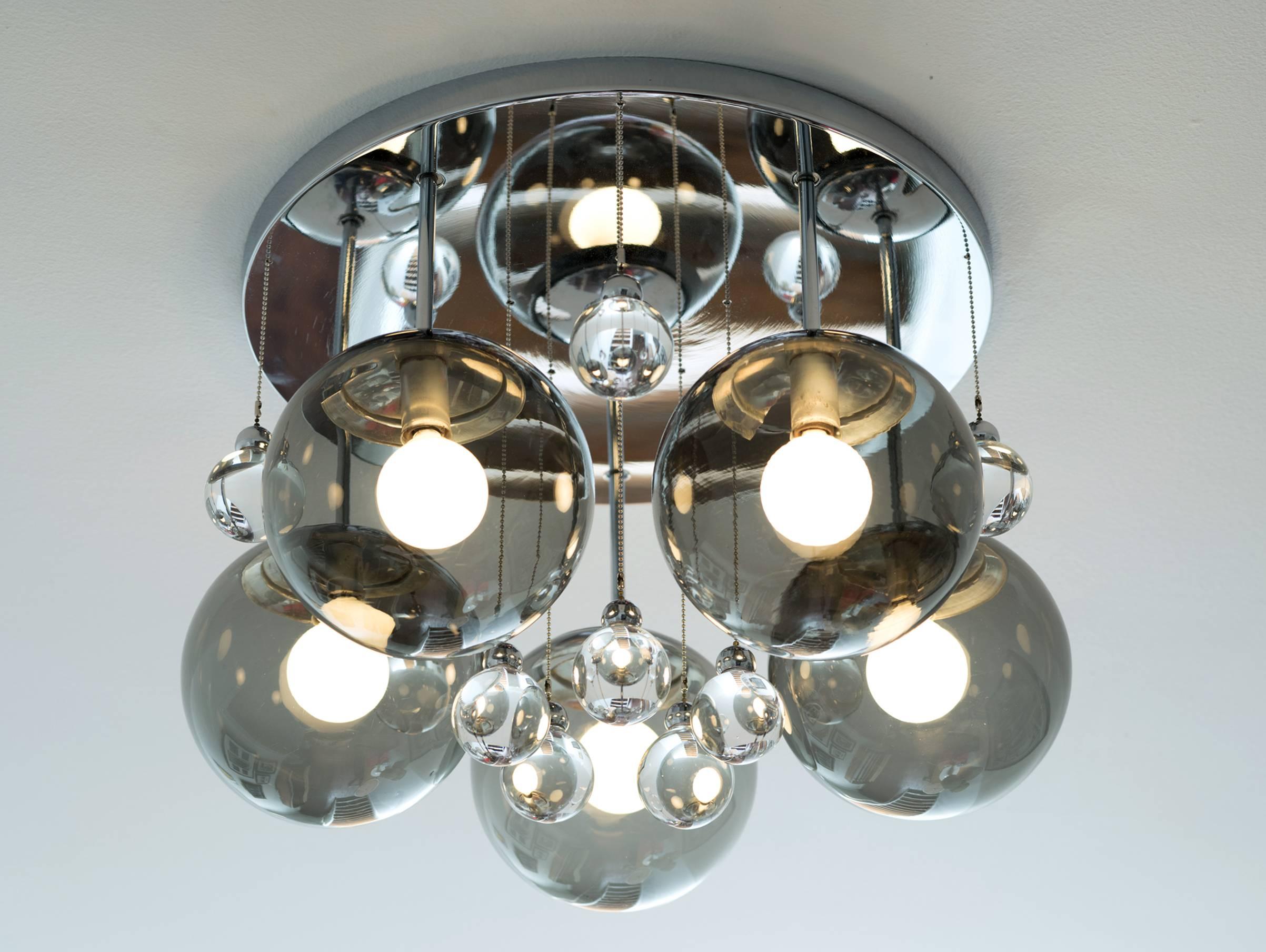 Mid-Century Modern Smoke and Clear Glass 'Bubbles' Chrome Flush Mount Chandelier Lights