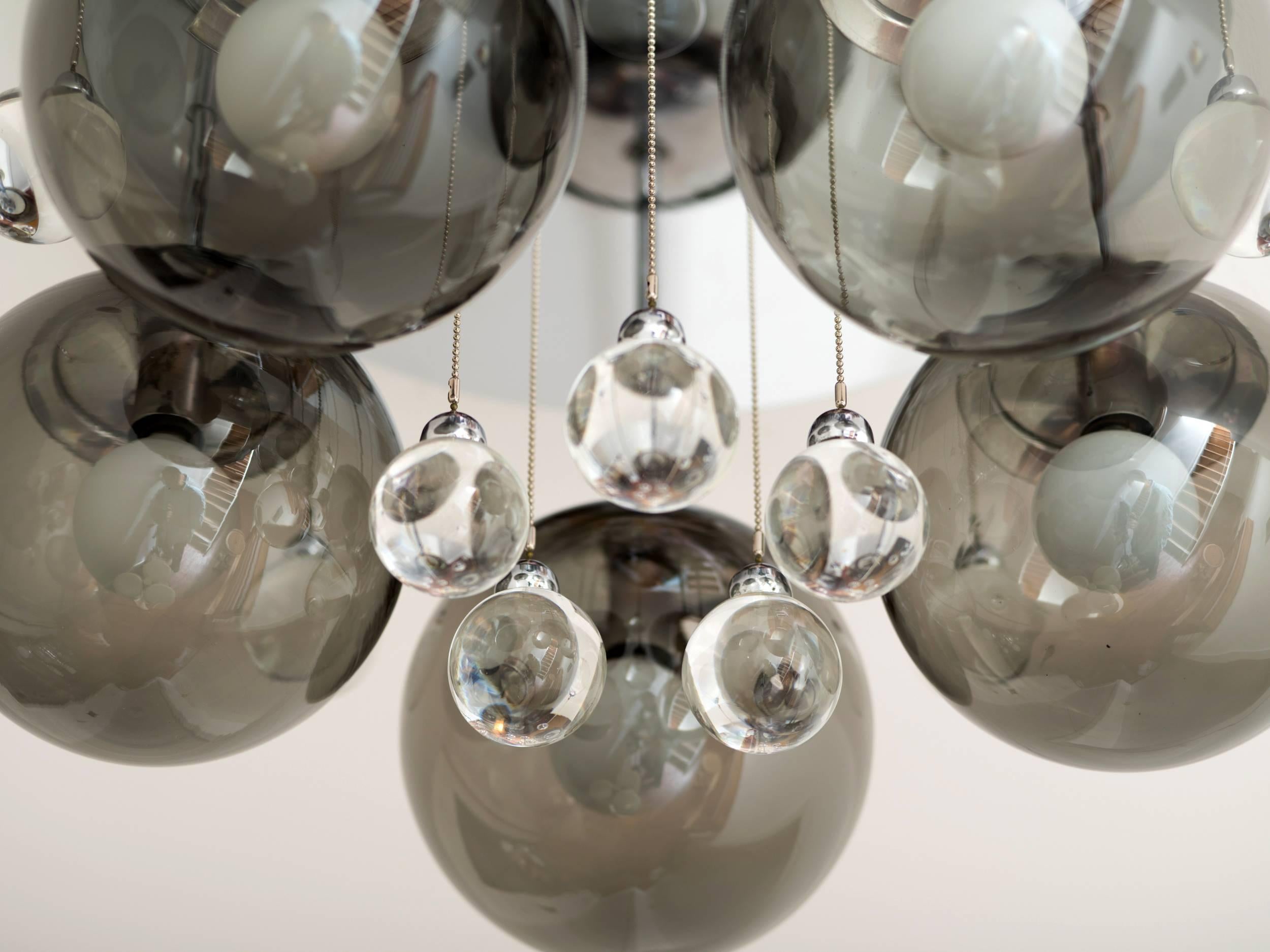 Mid-20th Century Smoke and Clear Glass 'Bubbles' Chrome Flush Mount Chandelier Lights