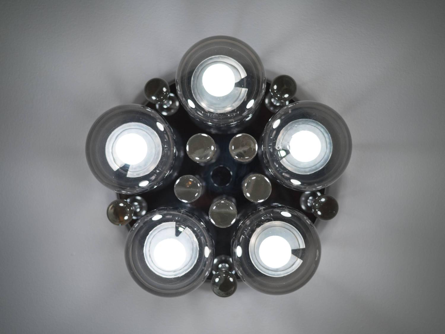 Pair of Smoke and Clear Glass 'Bubbles' Chrome Flush Mount Chandelier