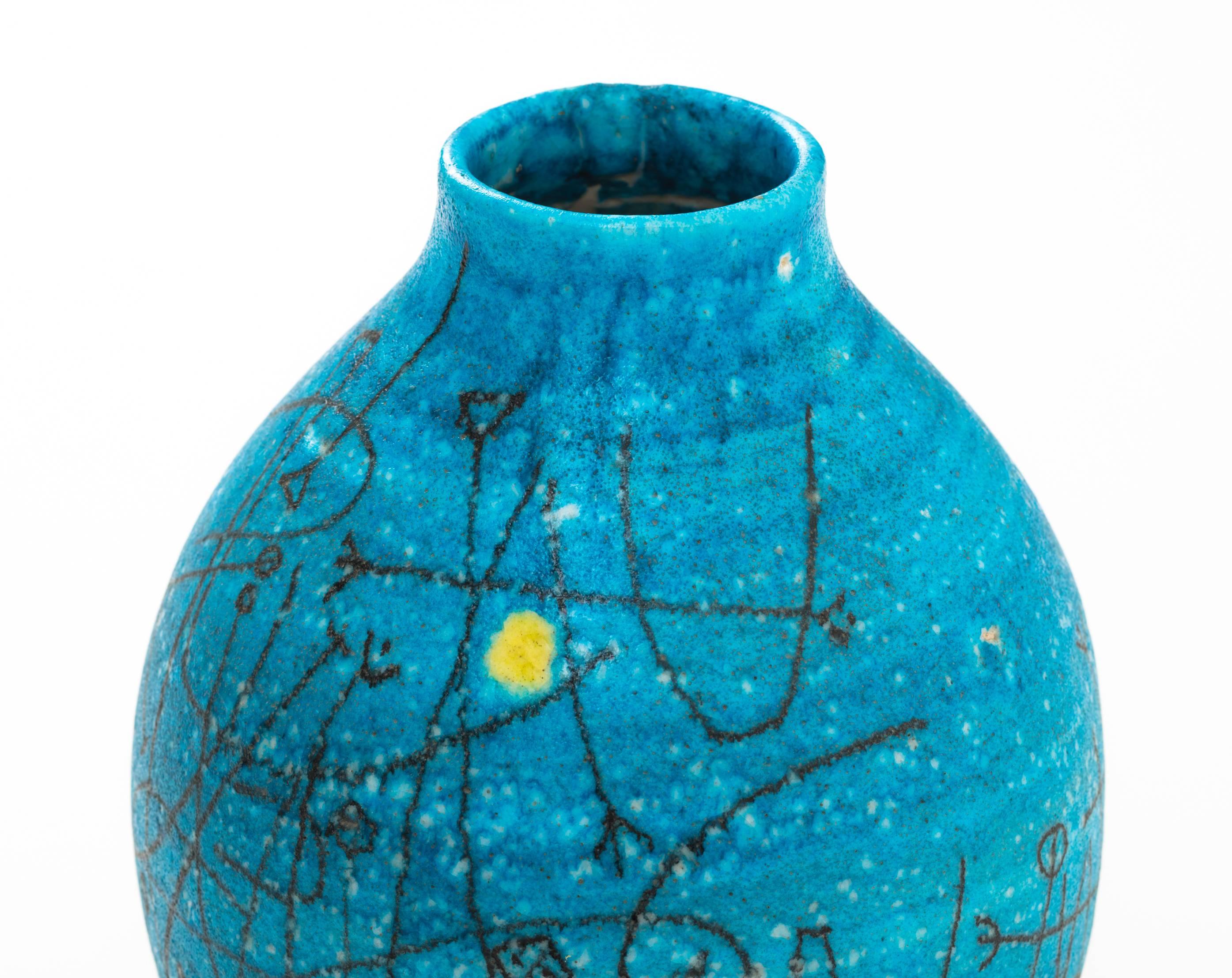 Large 1950s Guido Gambone Esoteric Ceramic Vessel in Stunning Mediterranean Blue In Excellent Condition In Brooklyn, NY