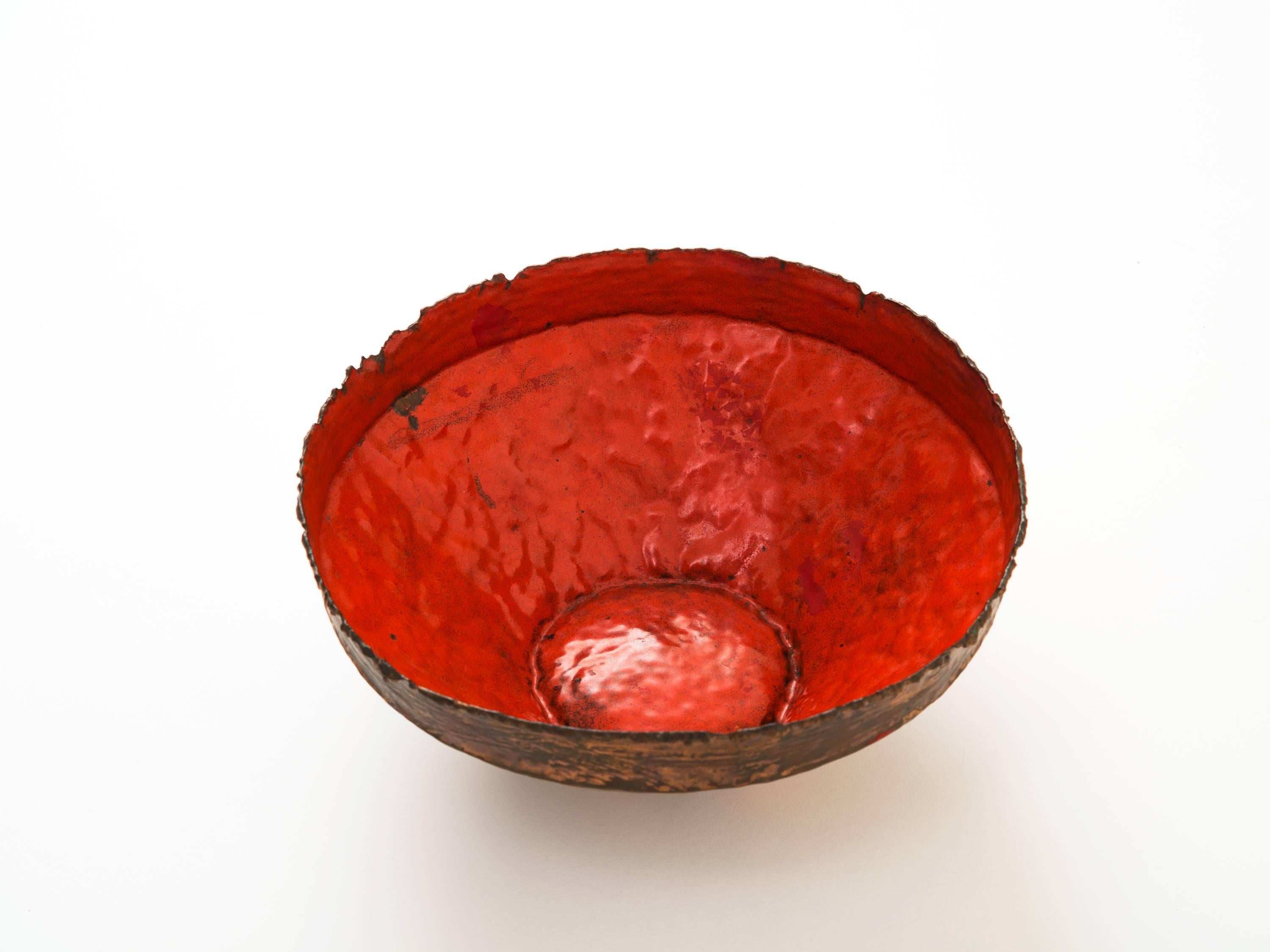Italian Marcello Fantoni Hammered and Torch Cut Copper Bowl with Red Enamel