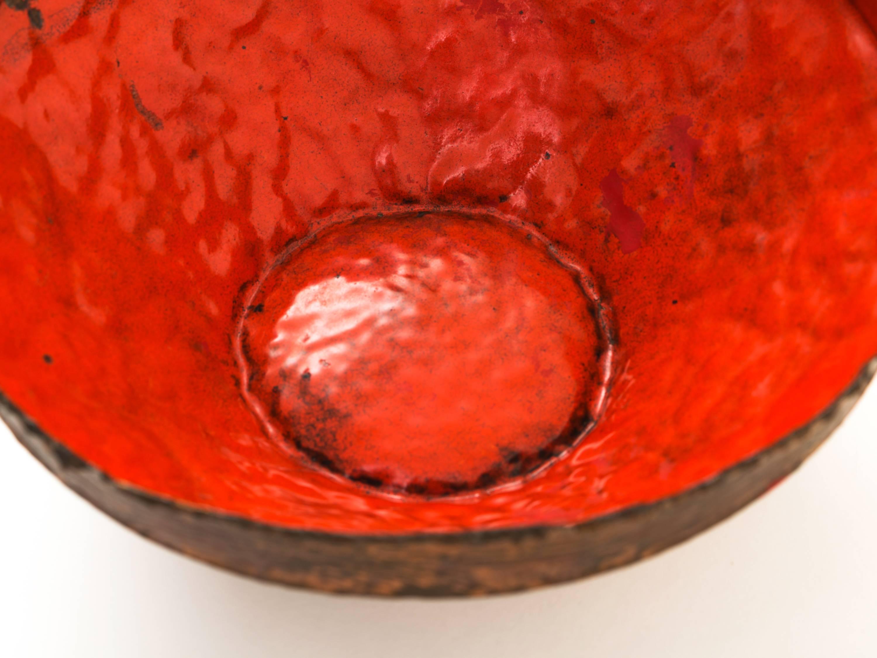 Marcello Fantoni Hammered and Torch Cut Copper Bowl with Red Enamel In Good Condition In Brooklyn, NY