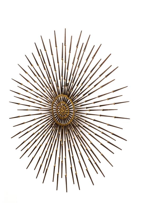 Gilded Metal Sunburst Wall Sculpture Art by Ron Schmidt, circa 1969 at