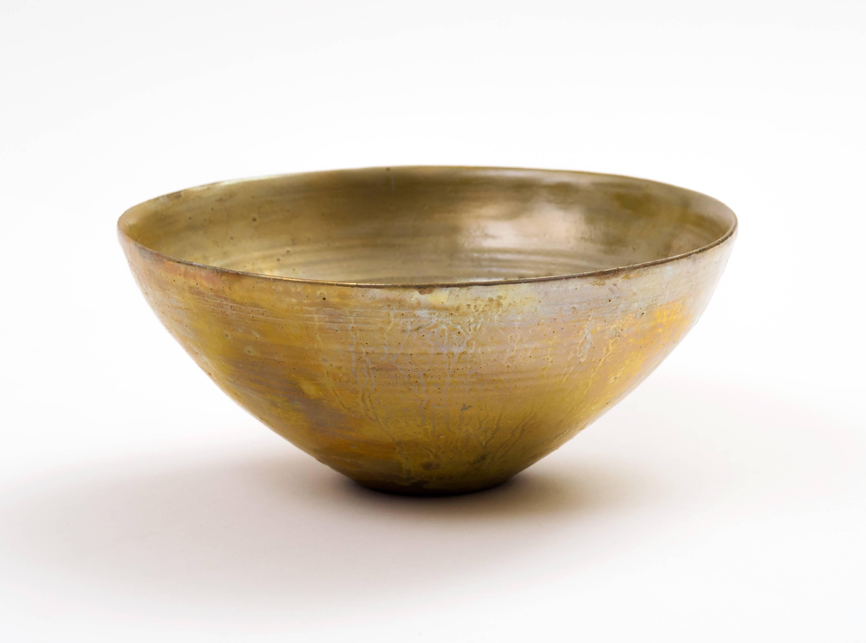 Glazed Beatrice Wood Golden Luster Glaze Hand Thrown Ceramic Bowl, 1960s