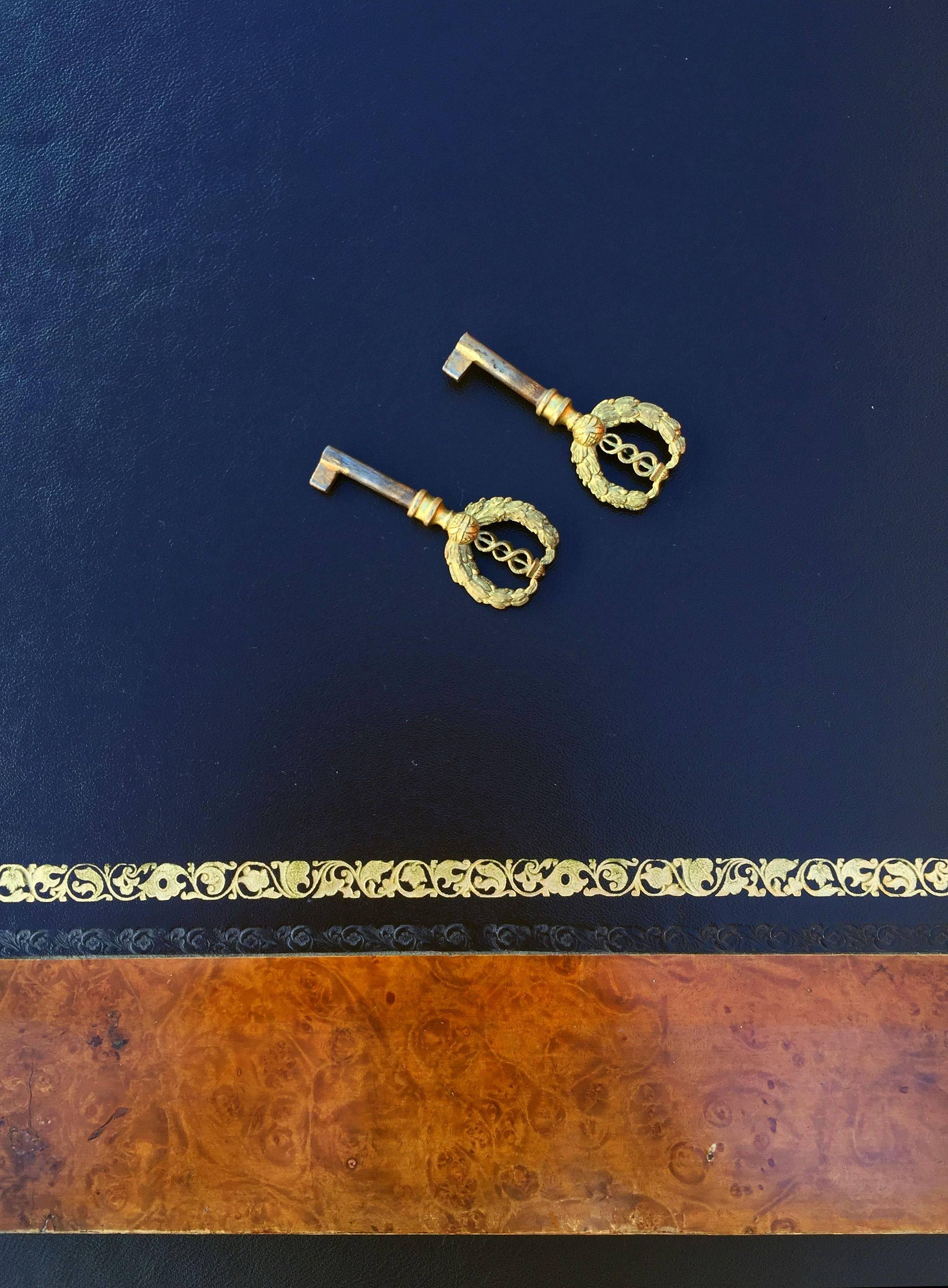 Brass Large Italian Desk of Burled Wood