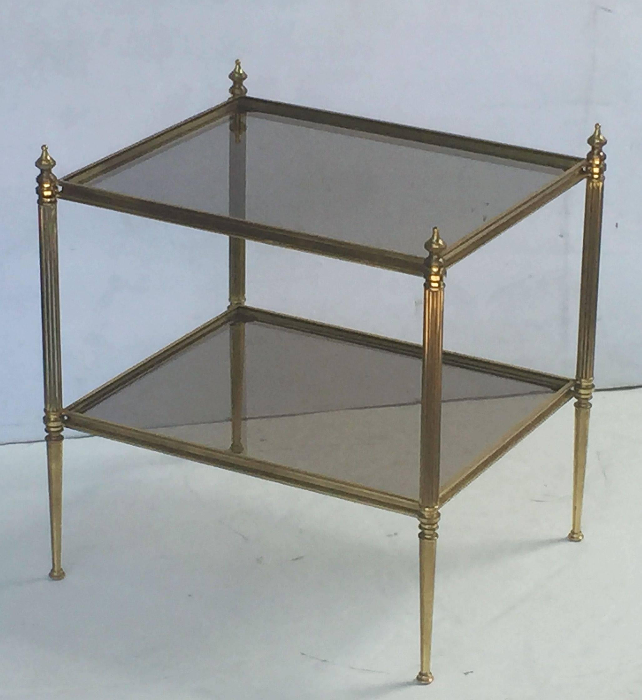 Metal French Coffee or Low Table of Brass and Smoked Glass