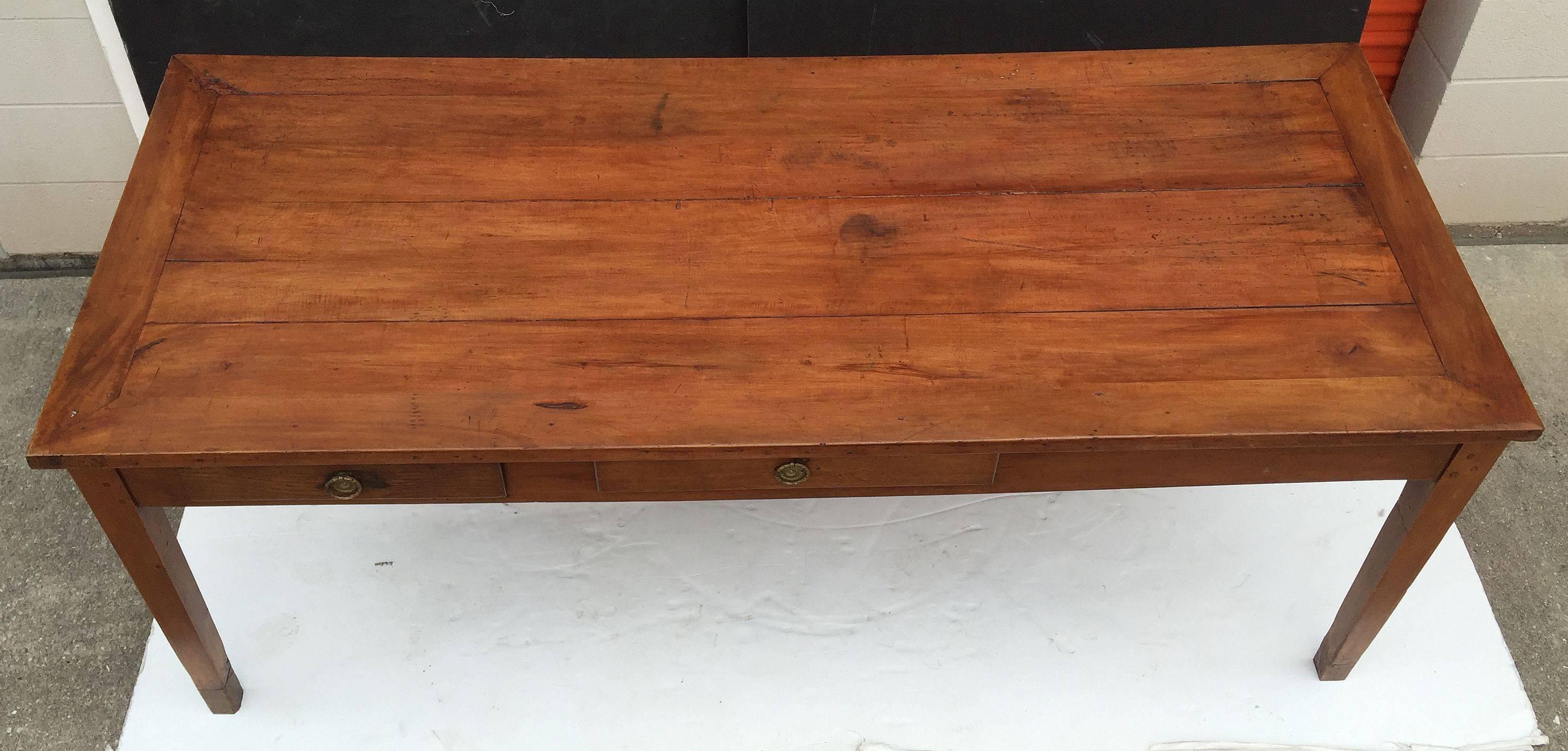 Brass French Farm Table of Cherry with Three Drawers