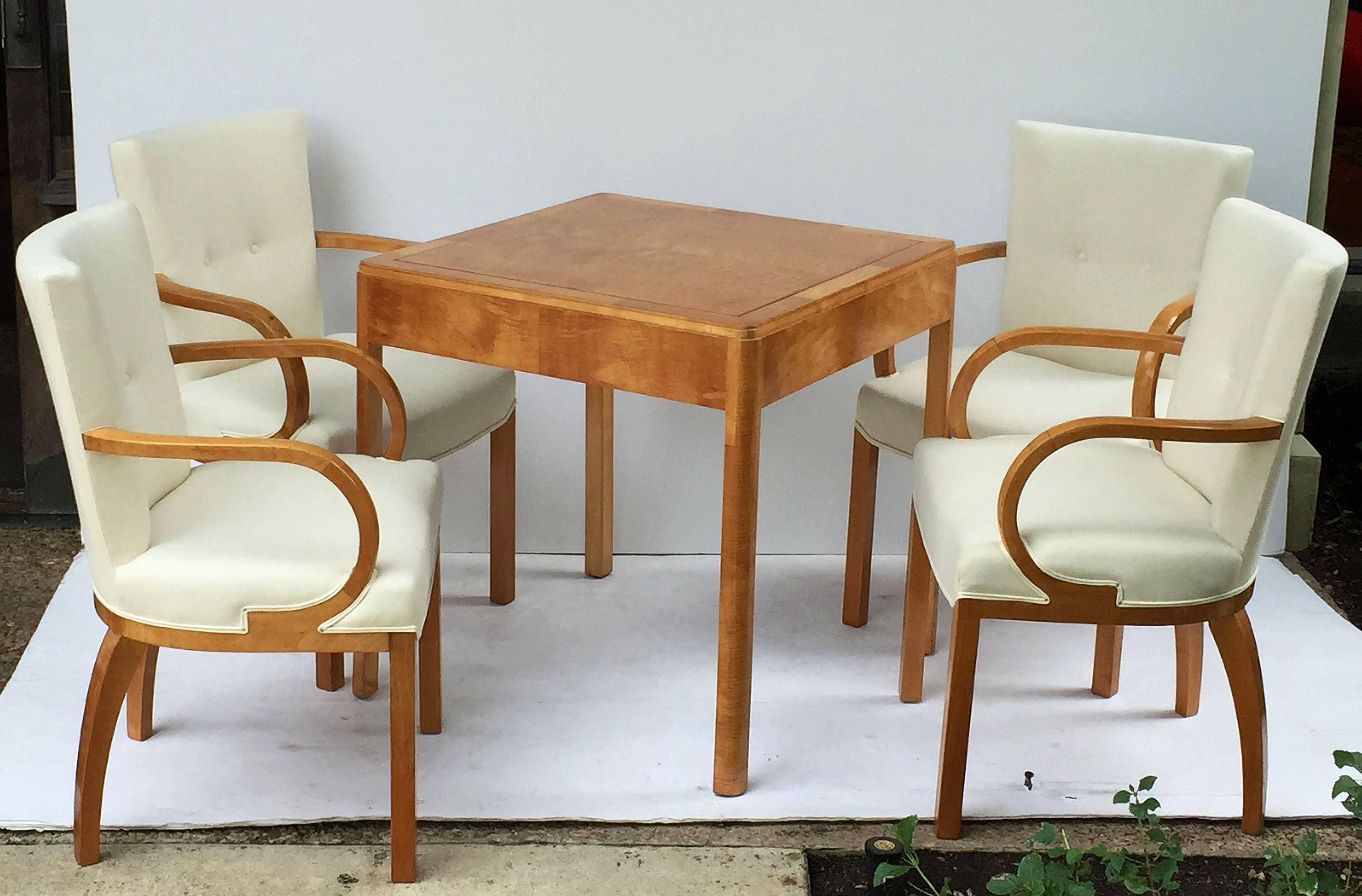 Embossed Set of Four Danish Birch Chairs and Game Table with Flip-Over Top