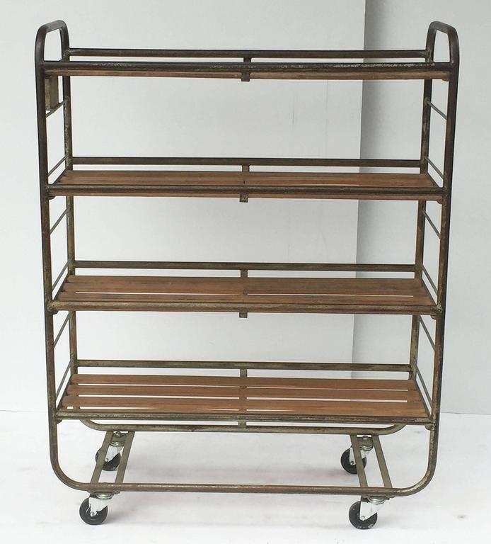 French Industrial Rolling Racks of Steel and Wood, Two Available For