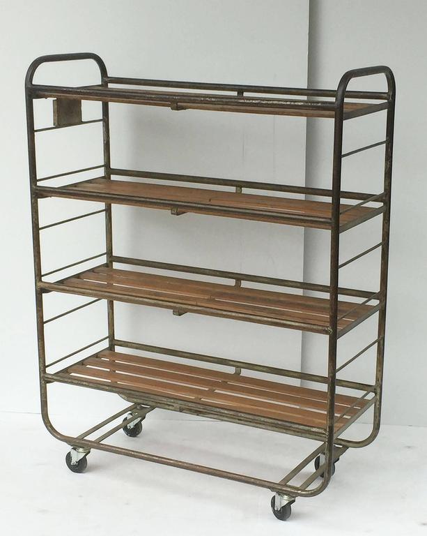 French Industrial Rolling Racks of Steel and Wood, Two Available For