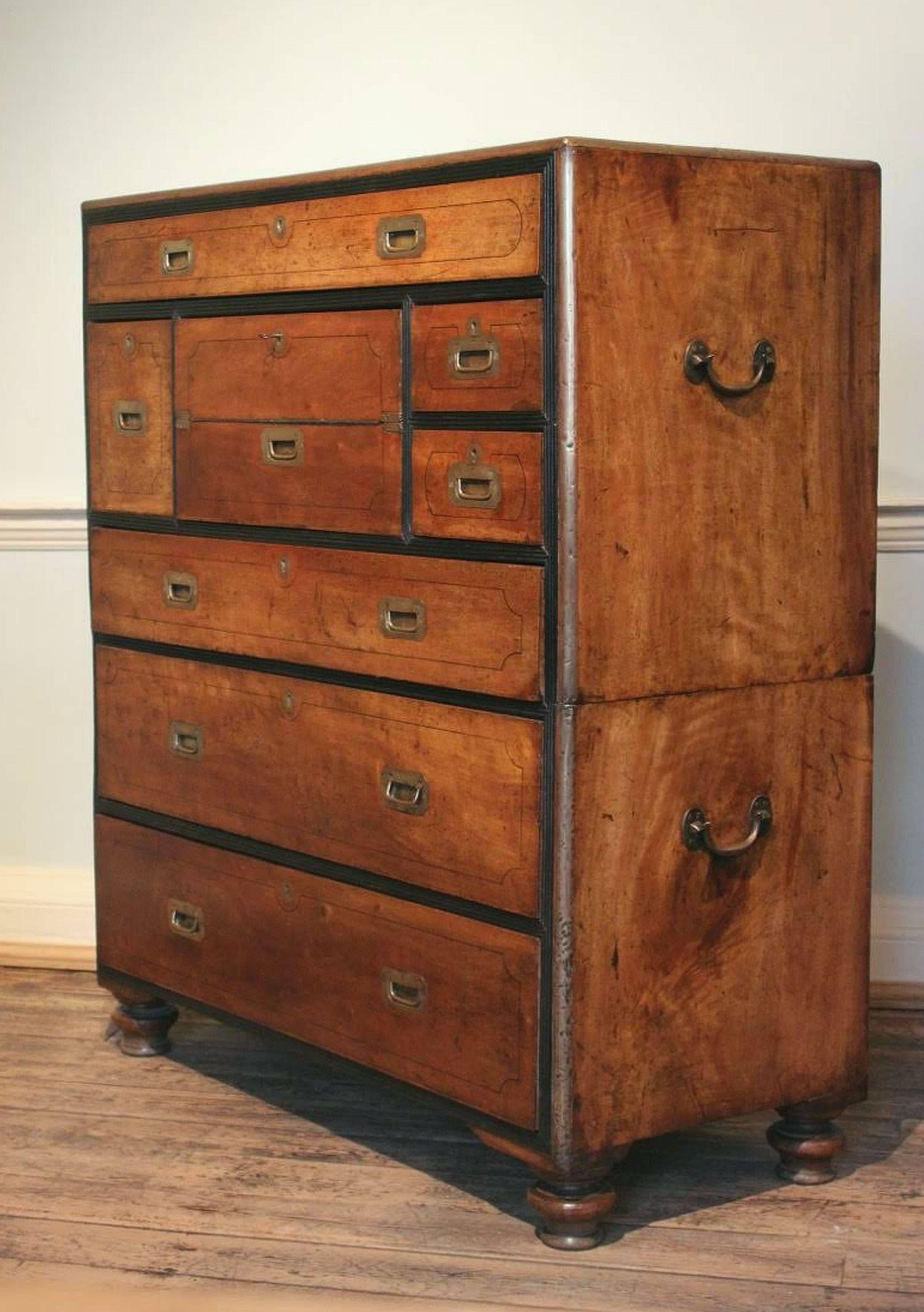 English British Military Officer's Campaign Chest Secretary of Brass-Bound Camphor Wood