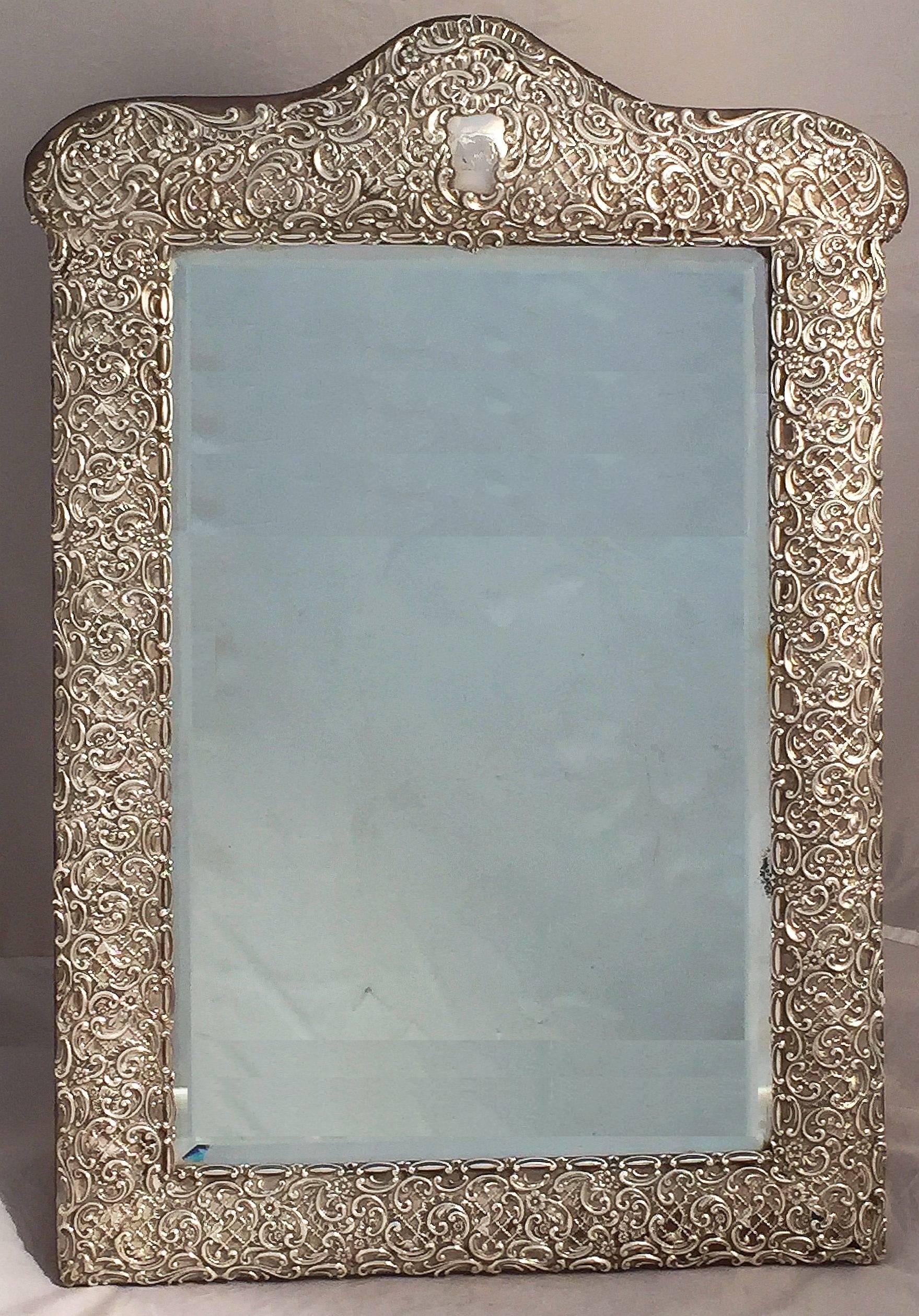 Beveled English Vanity or Table Mirror of Sterling Silver, circa 1898