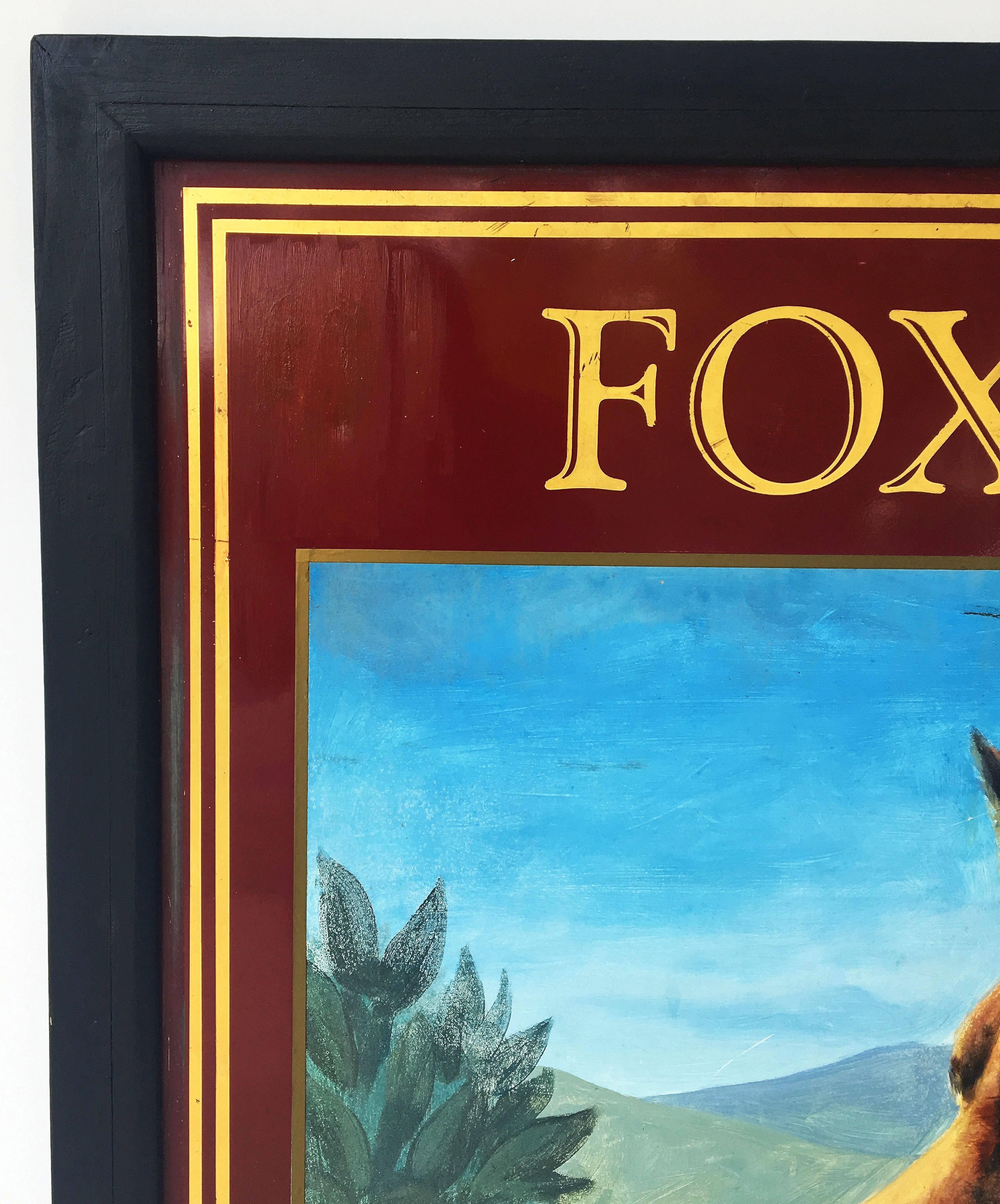 An authentic English pub sign (one-sided) featuring a painting of fox among shrubbery, entitled: Fox Inn - Pubmaster

A very fine example of vintage advertising artwork, ready for display.
