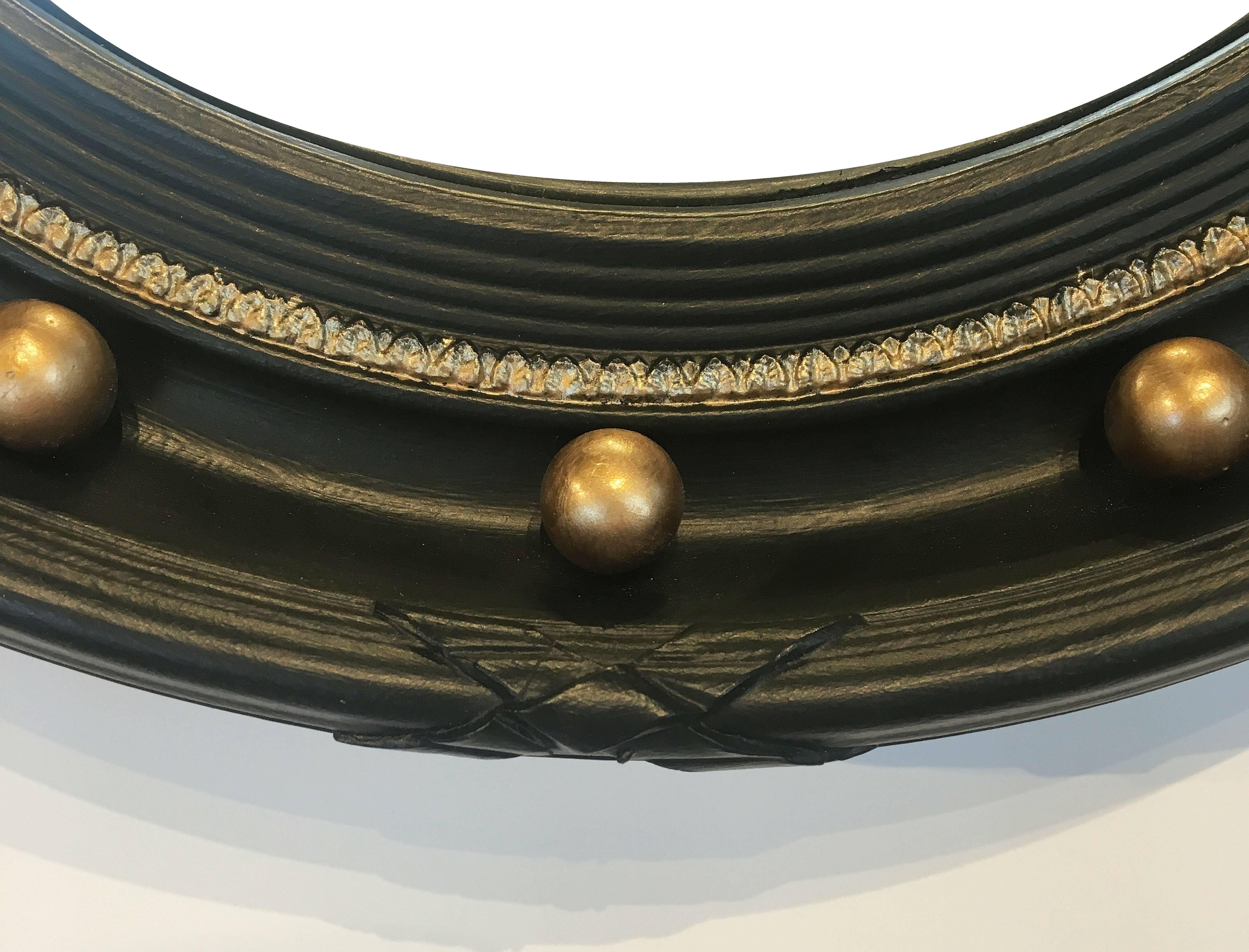 Gilt English Round Ebony Black and Gold Framed Convex Mirror (Diameter 17 1/4)