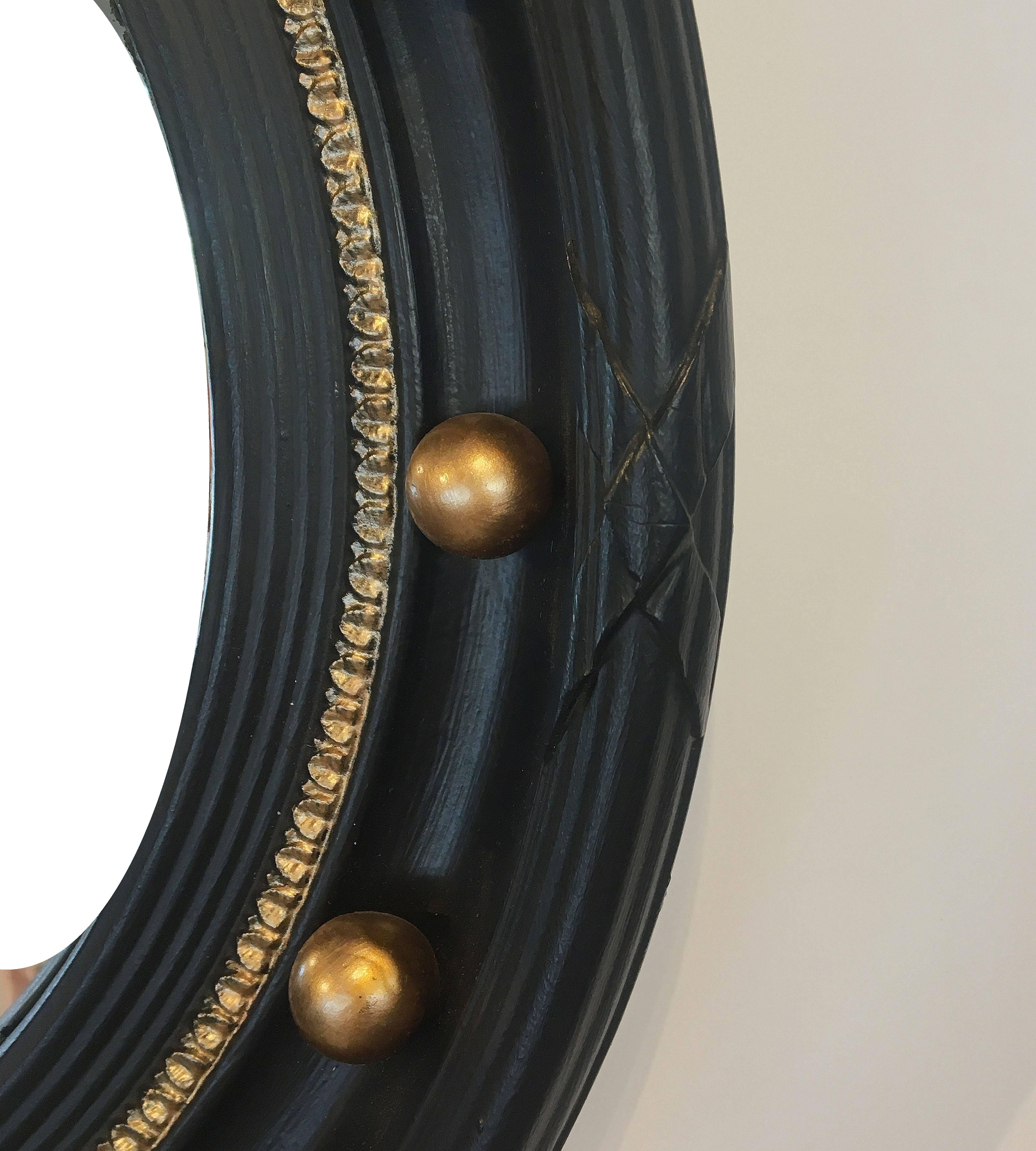 Regency English Round Ebony Black and Gold Framed Convex Mirror (Diameter 17 1/4)