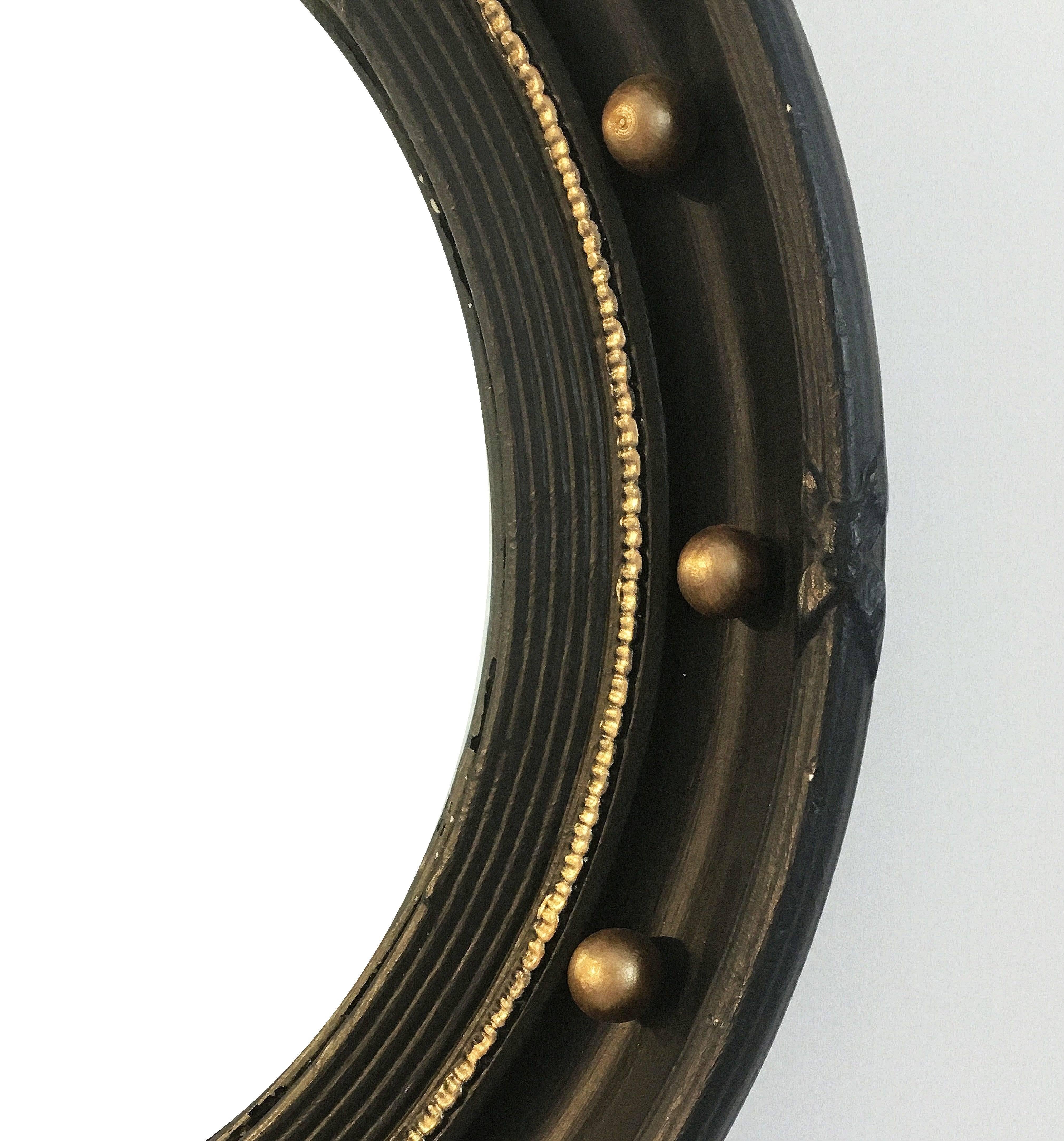 Regency English Round Ebony Black and Gold Framed Convex Mirror (Diameter 16 1/2)