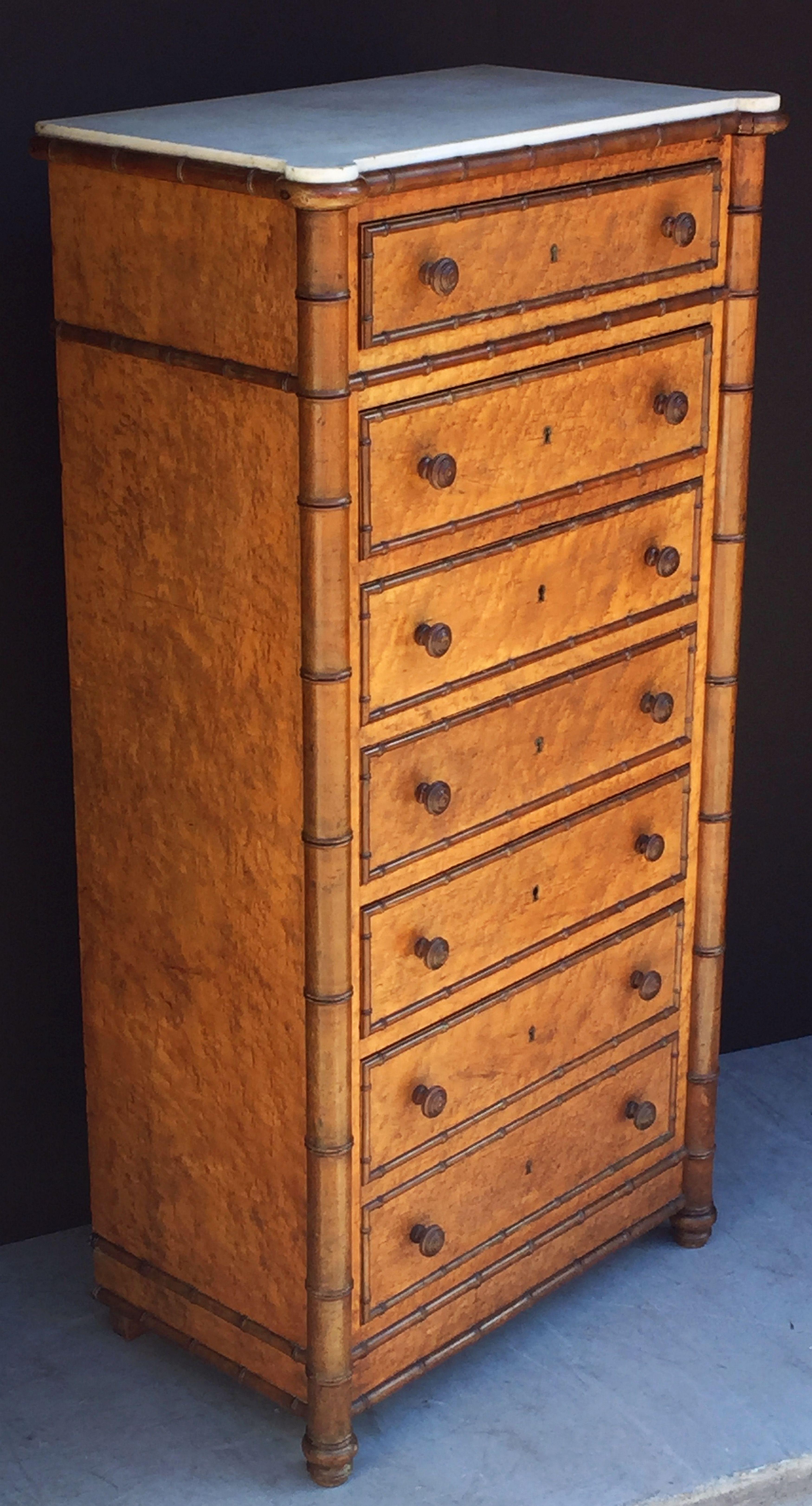French Faux Bamboo Tall Chest or Semainier with Marble Top In Good Condition In Austin, TX