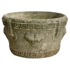 Vintage English Garden Stone Round Planter with Greek Key Design