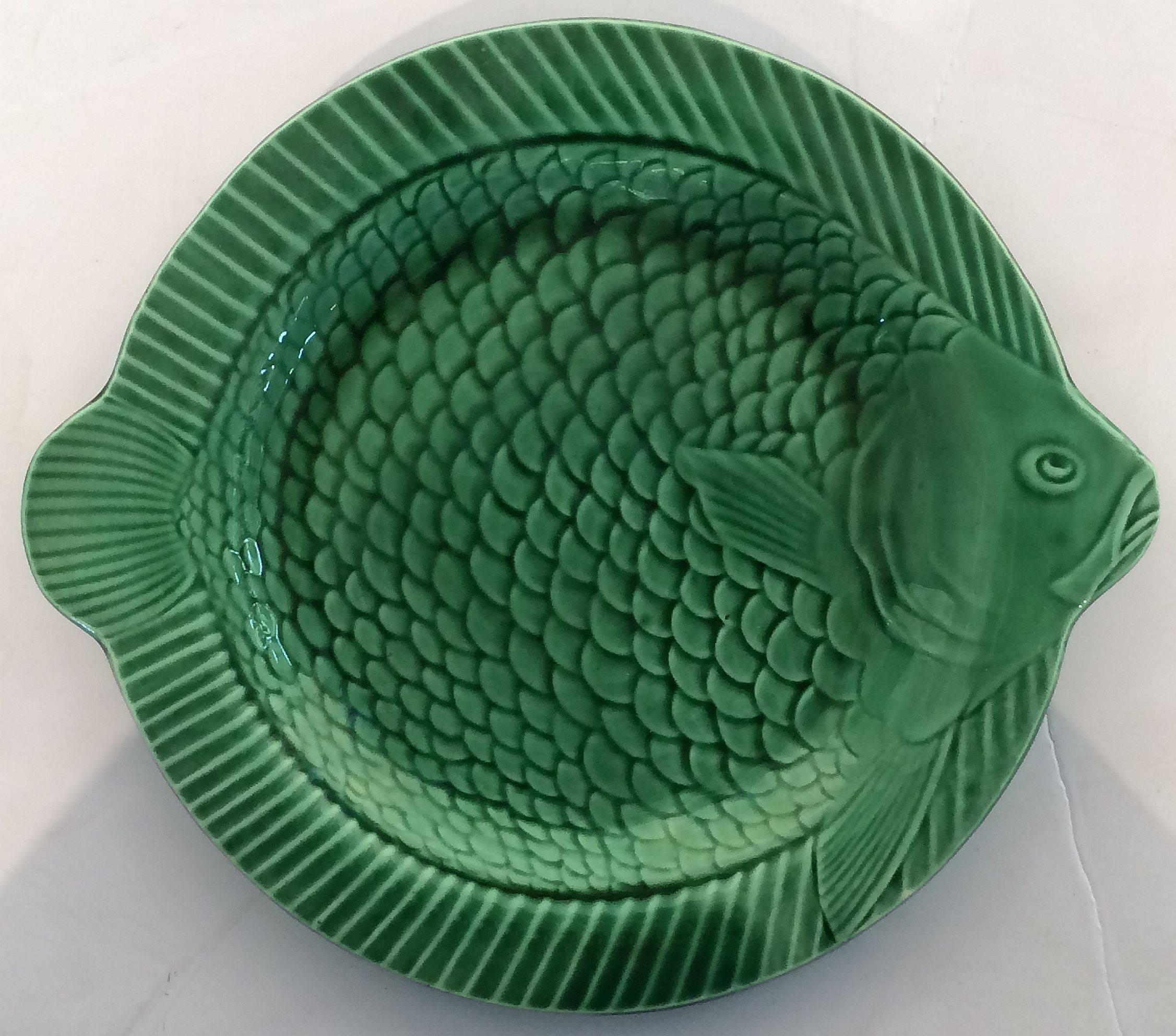 20th Century French Green Majolica Fish Set by Sarreguemines