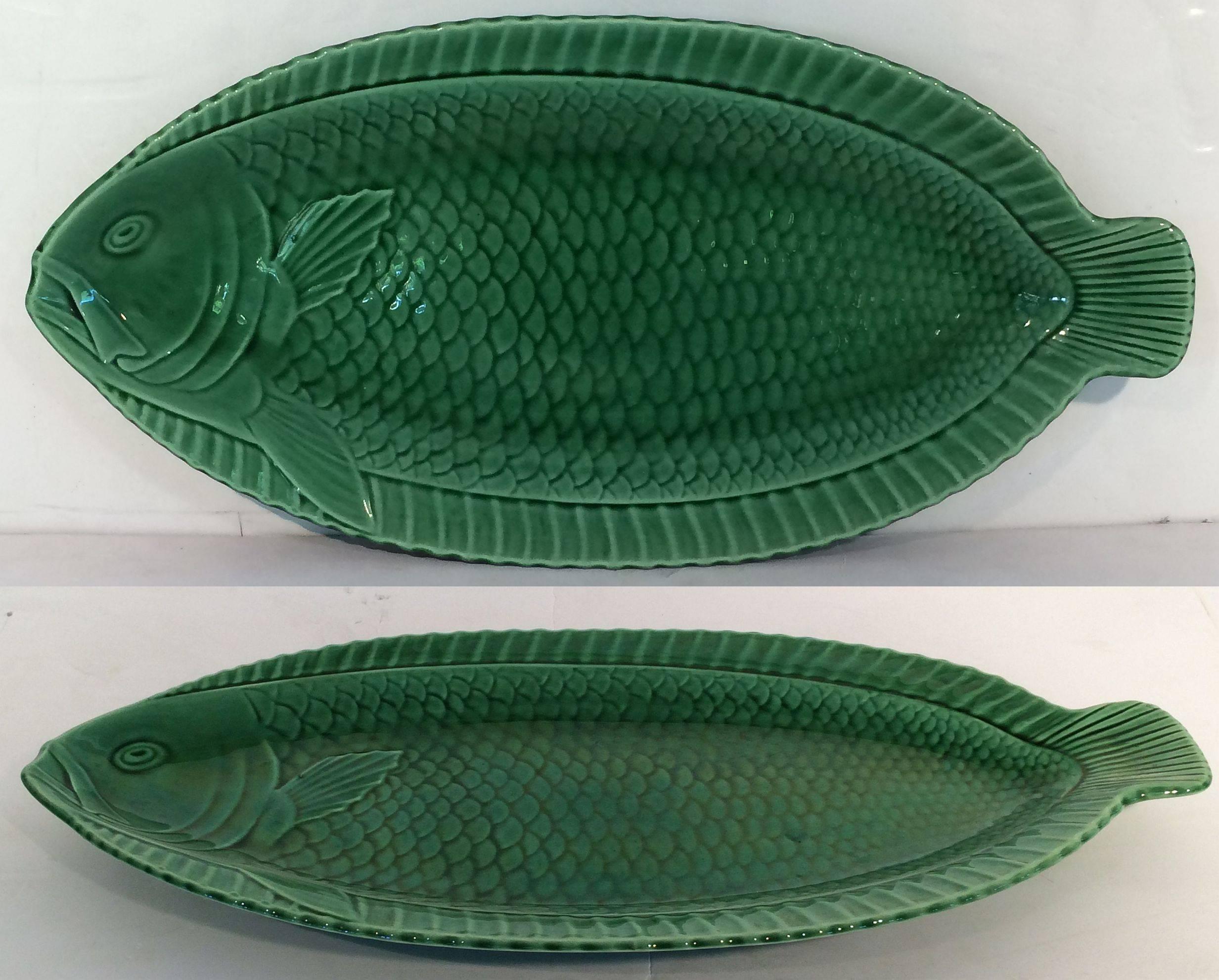 Majolica Pottery French Green Majolica Fish Set by Sarreguemines