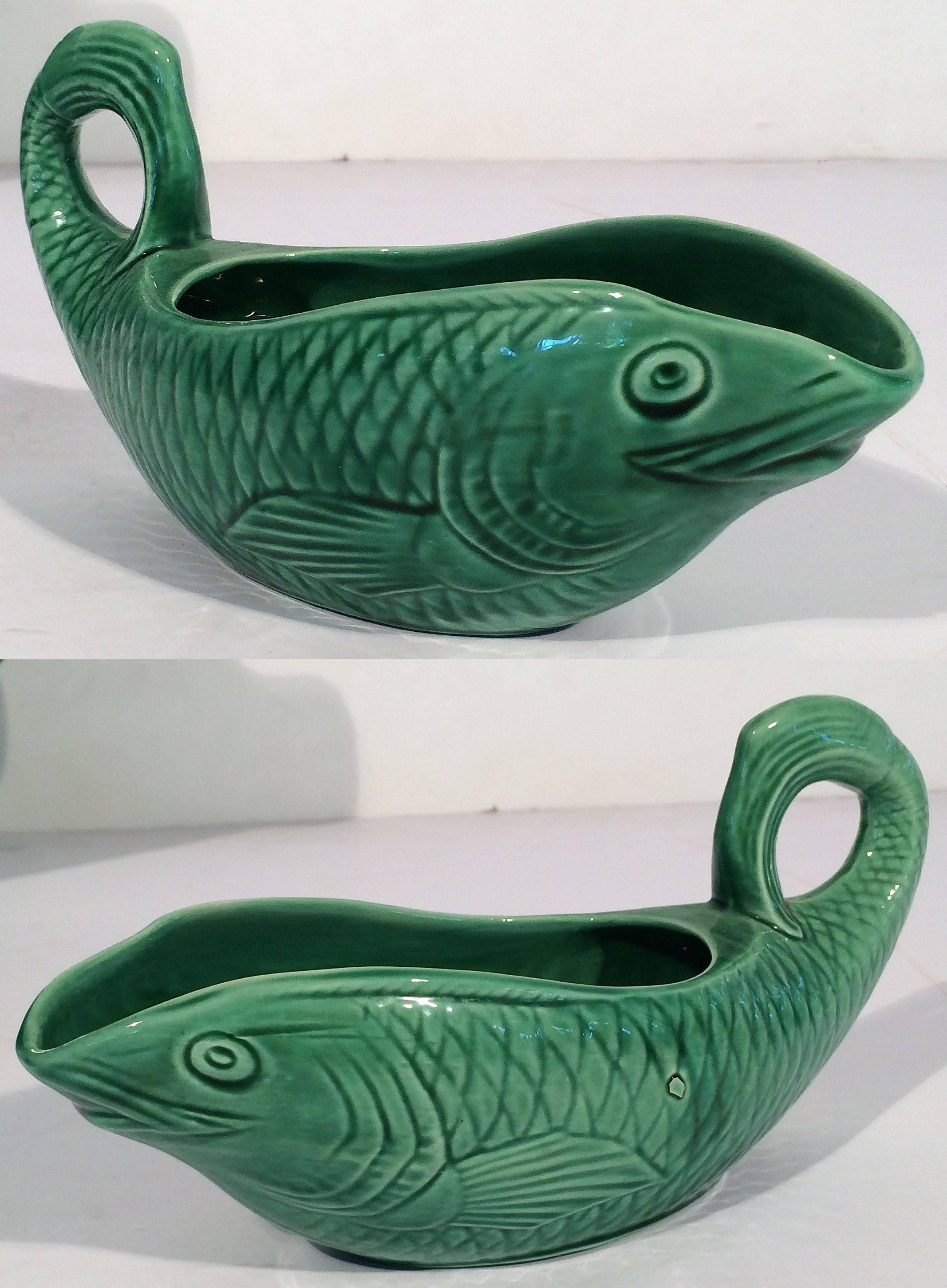 Glazed French Green Majolica Fish Set by Sarreguemines