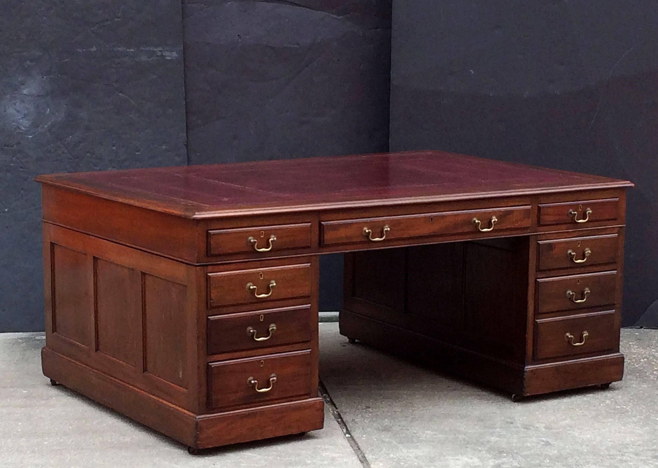 Embossed Large English Partner's Pedestal Desk, early 20th century