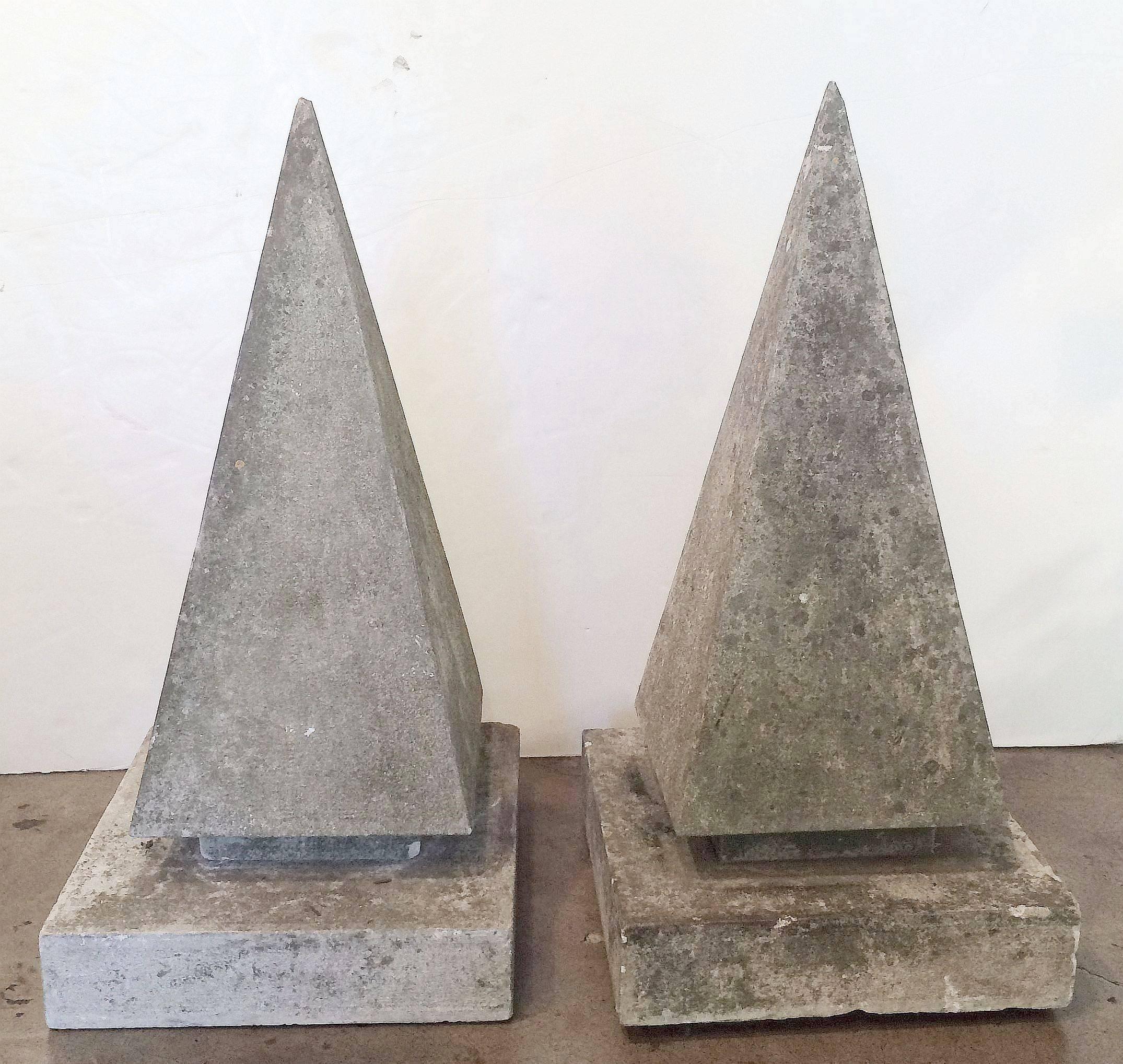 A handsome pair of extra large English decorative garden stone pyramid or obelisk copings - each coping featuring a four-sided pyramid or obelisk with pedestal base.

Priced individually: $2950 each

Perfect for a garden room or conservatory!