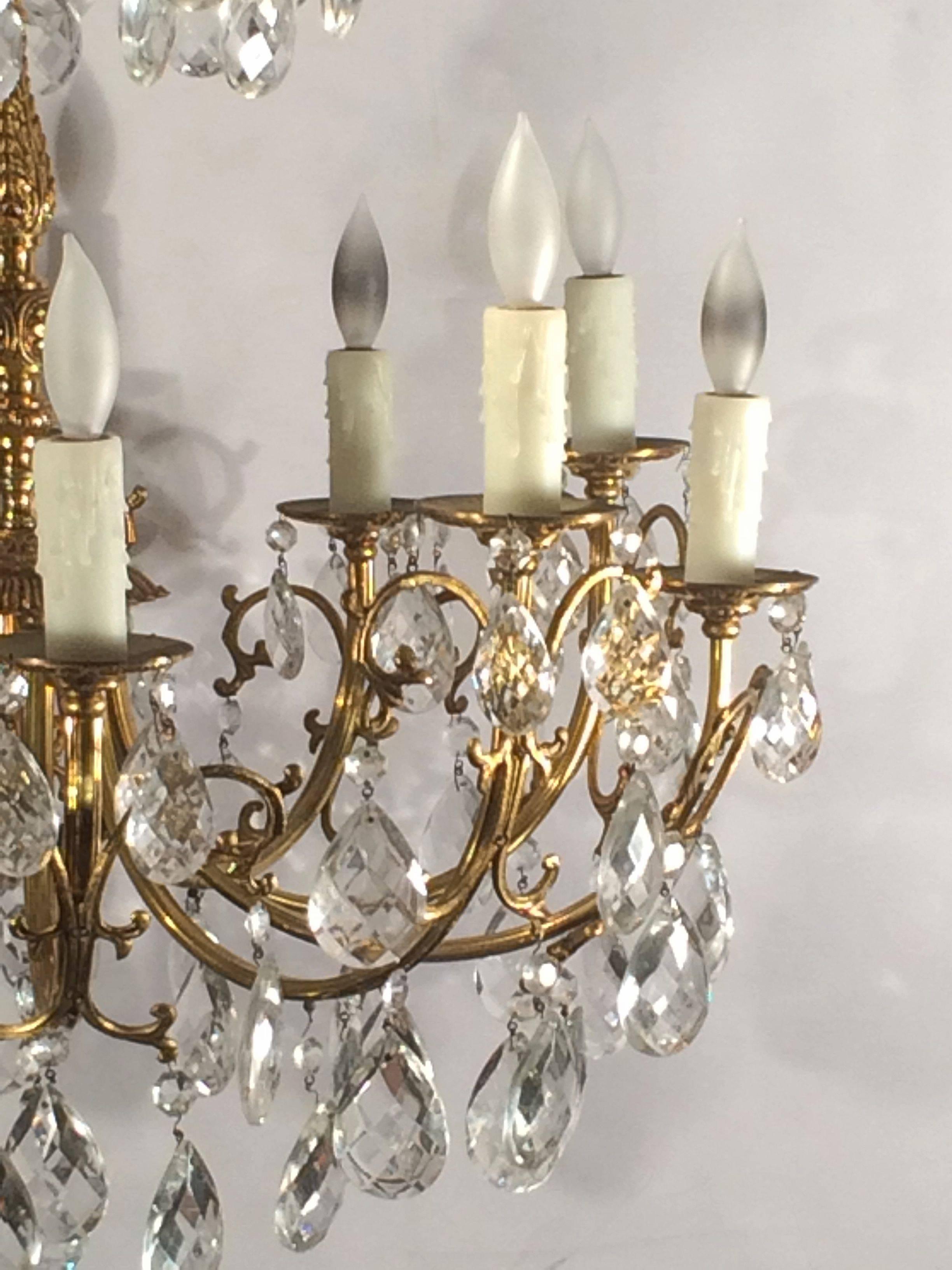 20th Century Continental Gilt Metal and Crystal Drop Ten-Light Chandelier