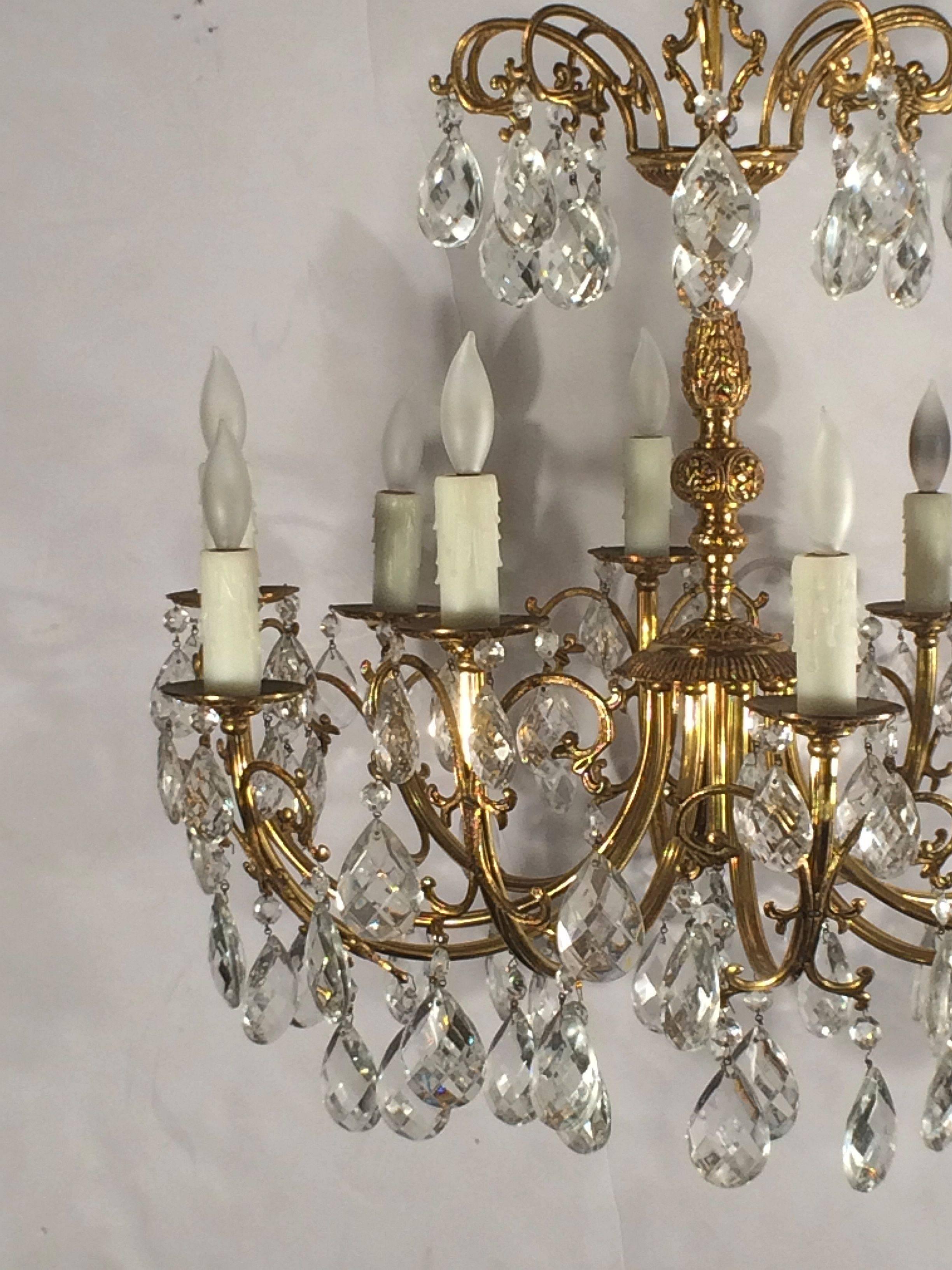 Continental Gilt Metal and Crystal Drop Ten-Light Chandelier In Excellent Condition In Austin, TX