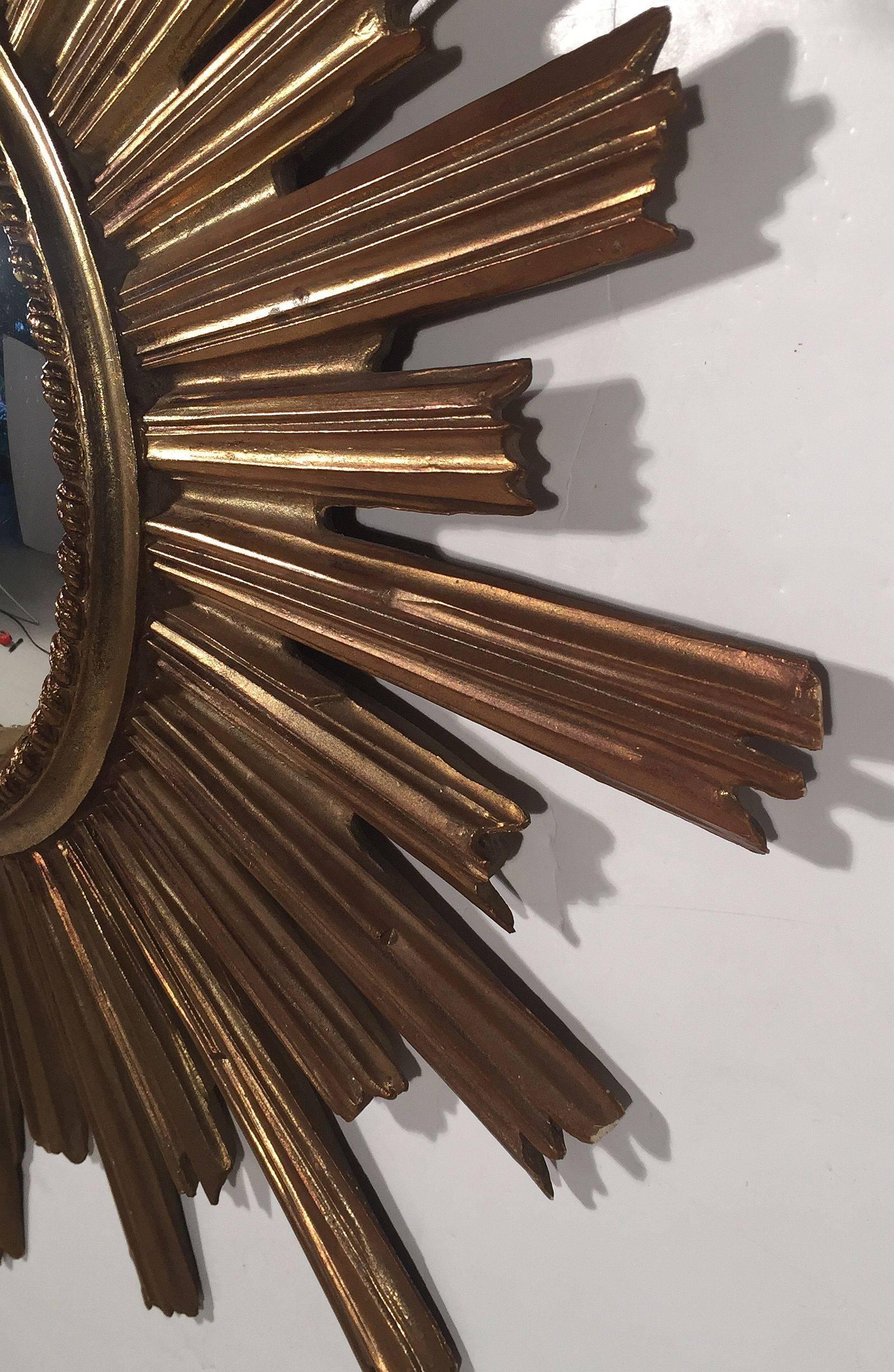 20th Century French Gilt Sunburst or Starburst Convex Mirror