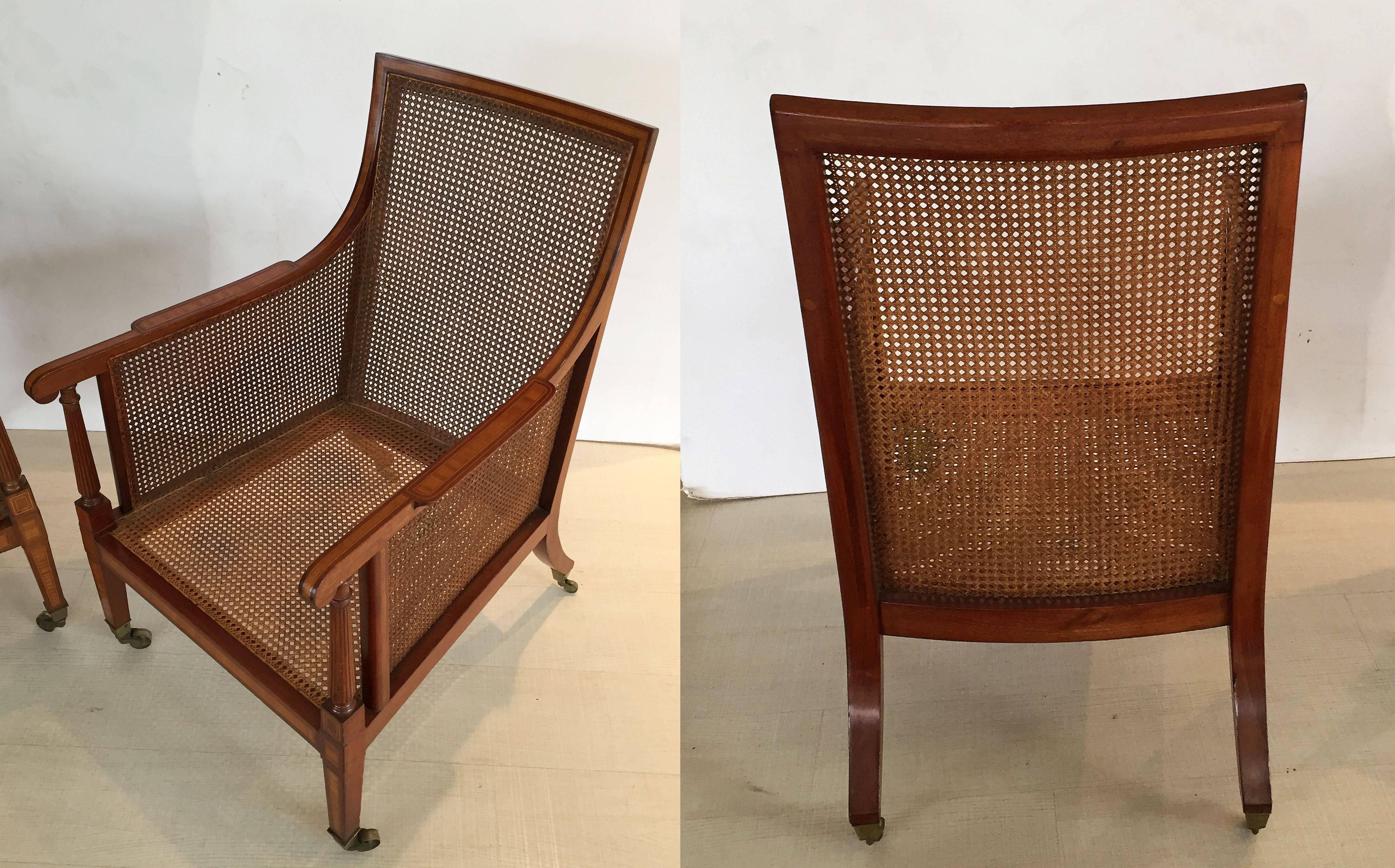 Pair of English Caned Library Bergere Chairs In Excellent Condition In Austin, TX