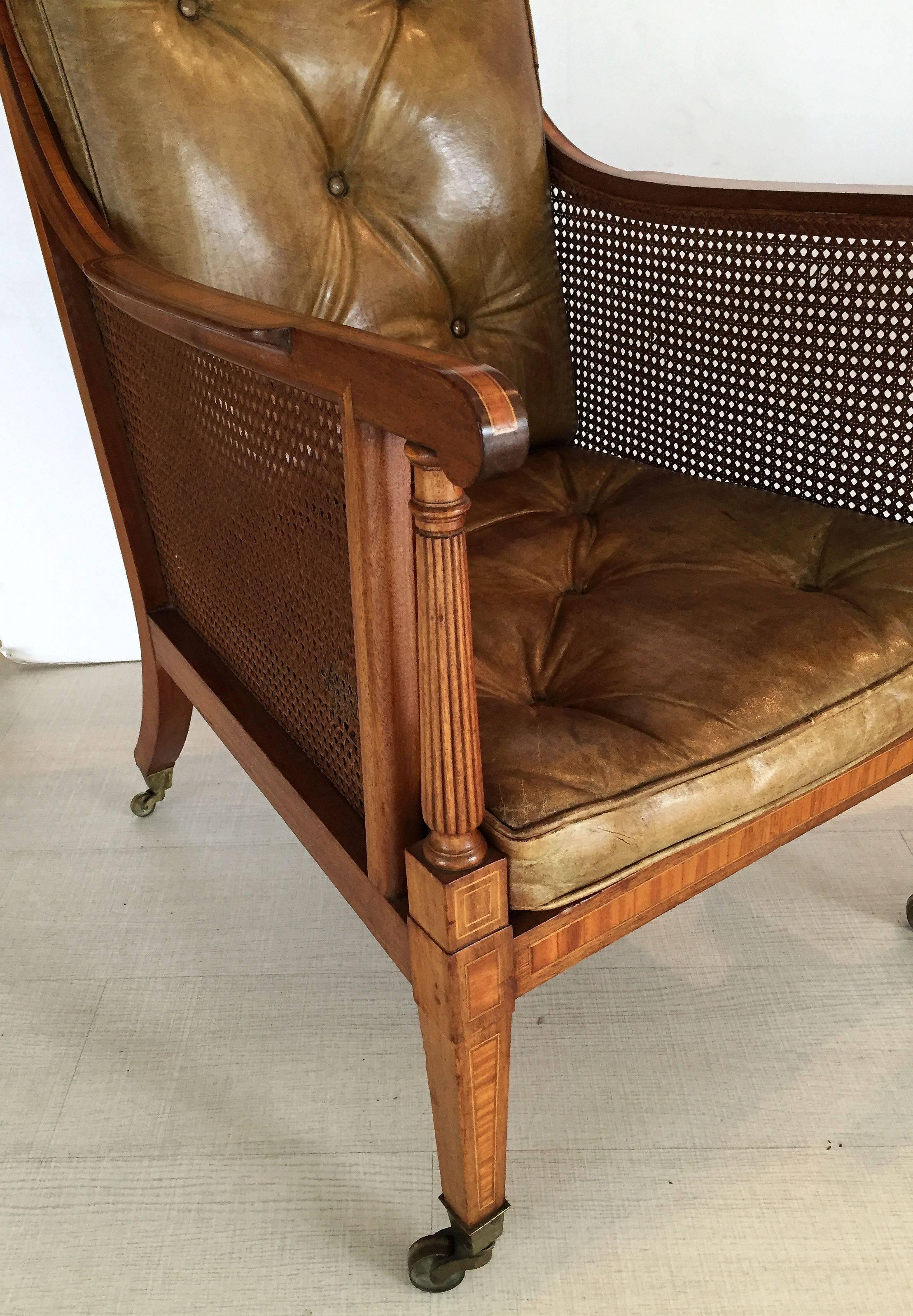 Edwardian Pair of English Caned Library Bergere Chairs