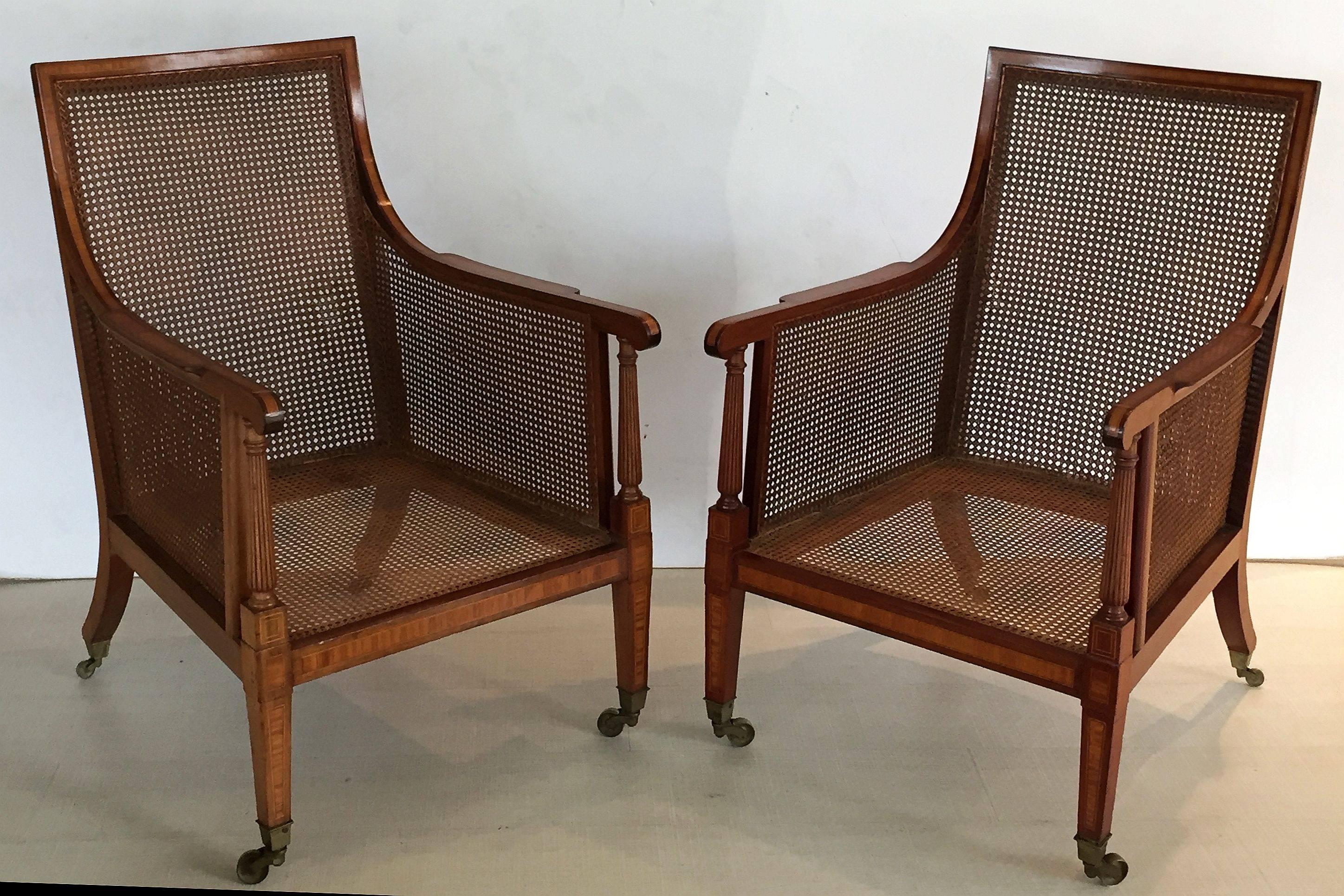 Inlay Pair of English Caned Library Bergere Chairs