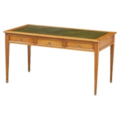 French Writing Table or Desk of Cherry With Embossed Green Leather Top 