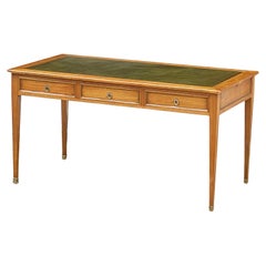 French Writing Table or Desk of Cherry With Embossed Green Leather Top