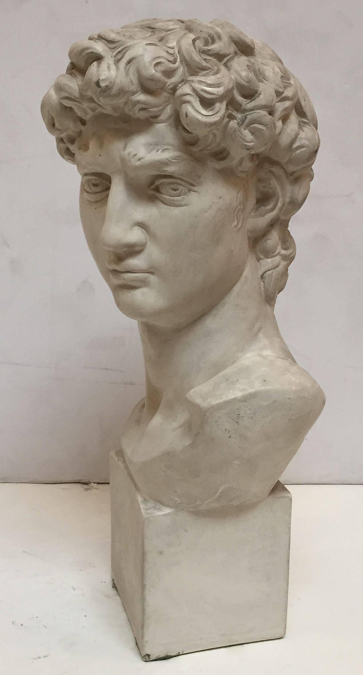 A fine large English plaster bust of Michelangelo's David, most likely used as an art school prop for still life painting.