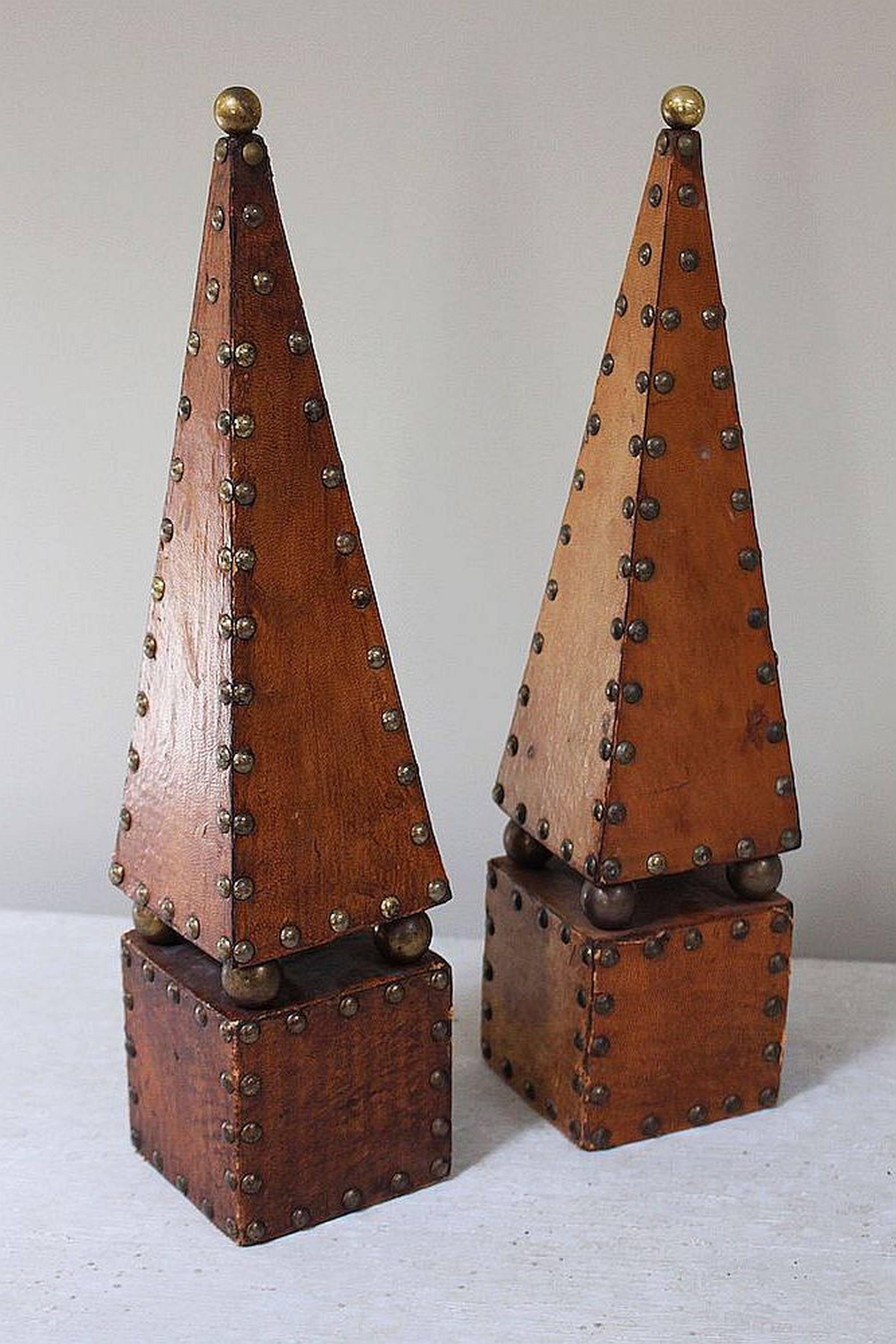 English Decorative Leather and Brass Obelisks (Priced as a Pair) 1