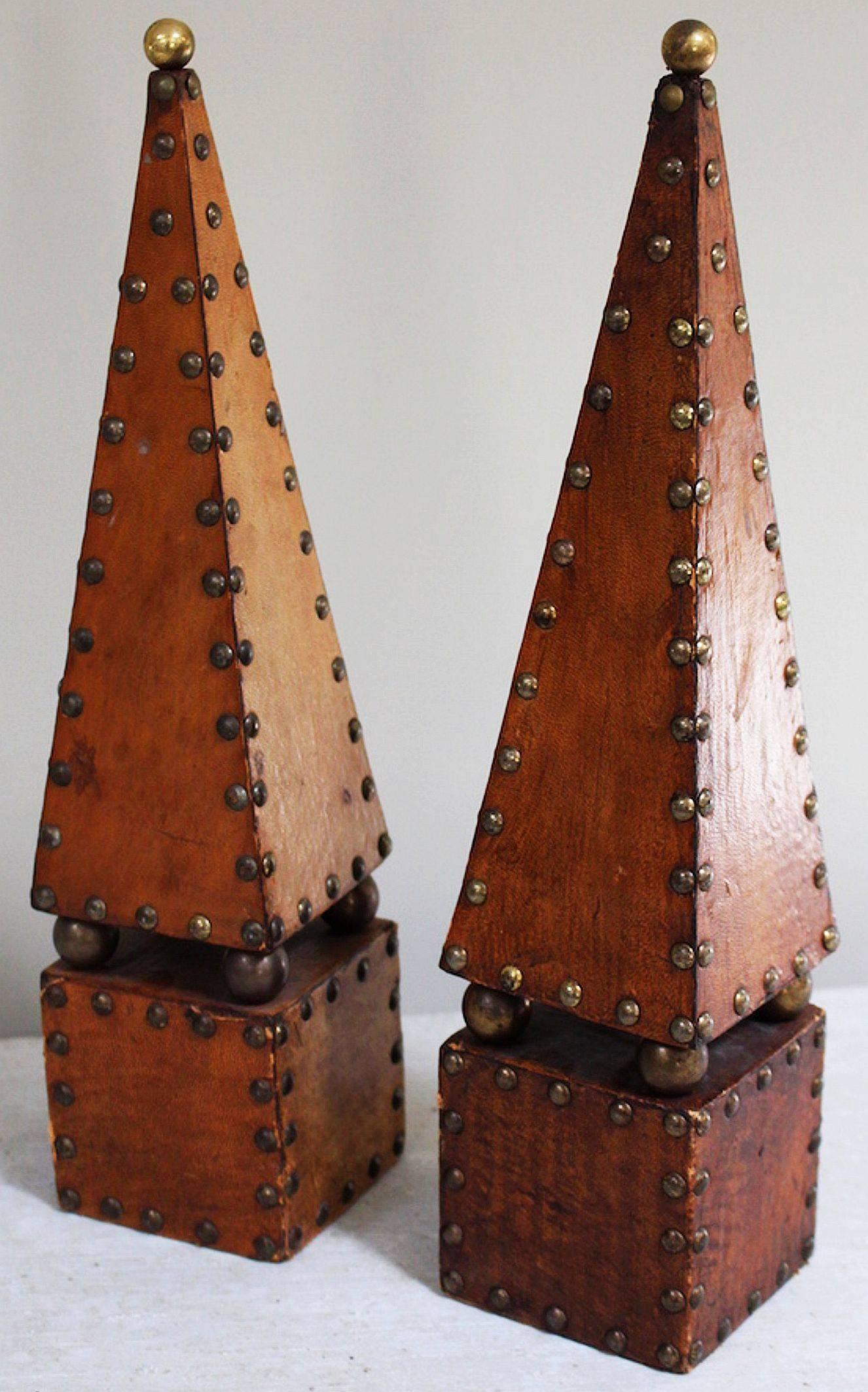 20th Century English Decorative Leather and Brass Obelisks (Priced as a Pair)