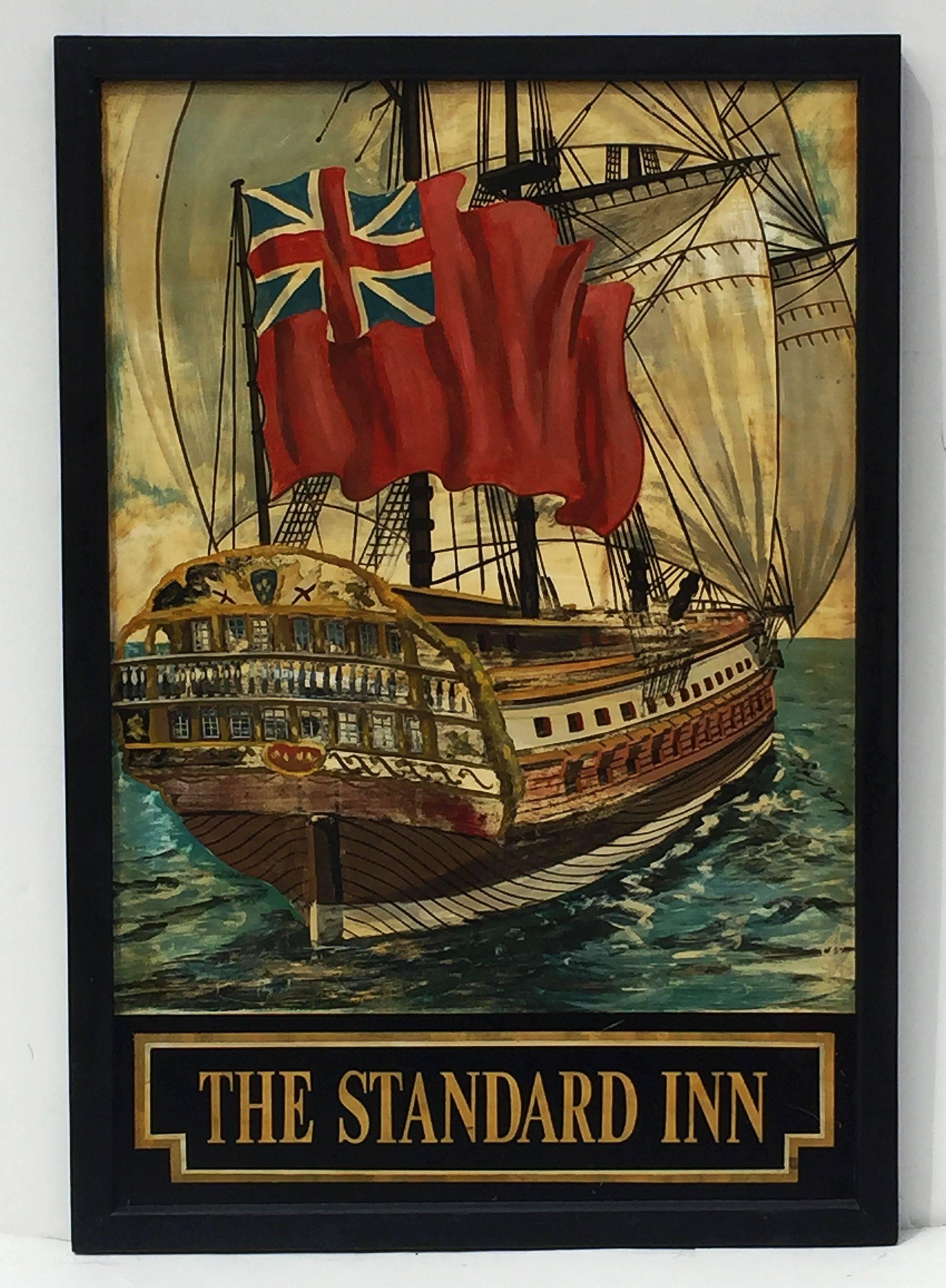 An authentic English pub sign (one-sided) featuring a painting of the stern of a sailing ship and British naval ensign flag, entitled: The Standard Inn

A very fine example of vintage advertising artwork, ready for display.