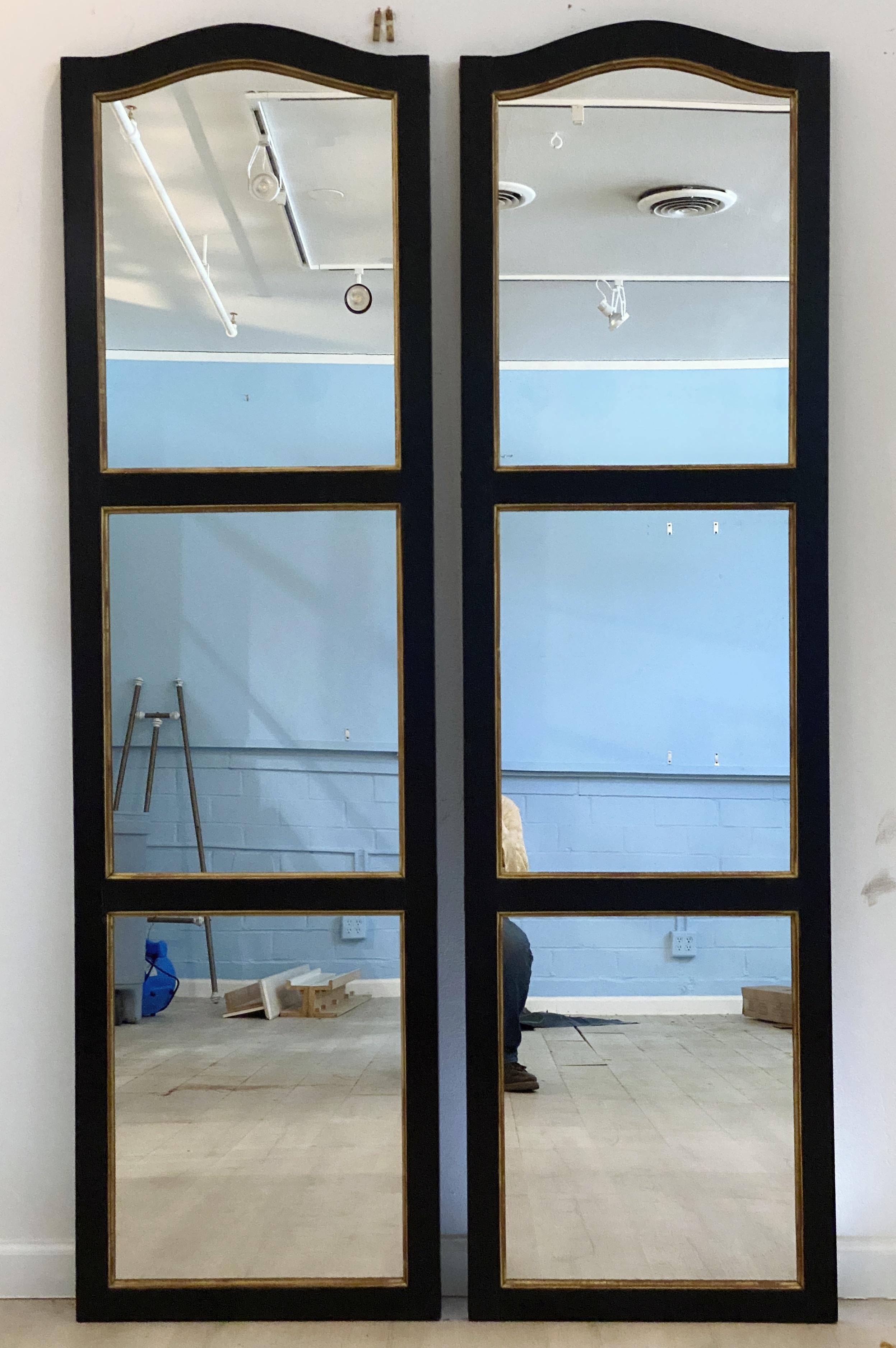 Ebonized Large Black and Gilt Window Pane Paneled Mirrors (Each H 74 x W 20 7/8) For Sale