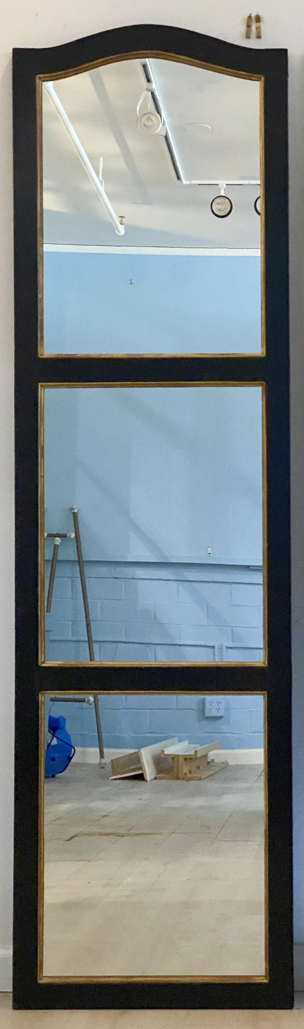 Large Black and Gilt Window Pane Paneled Mirrors (Each H 74 x W 20 7/8) For Sale 4