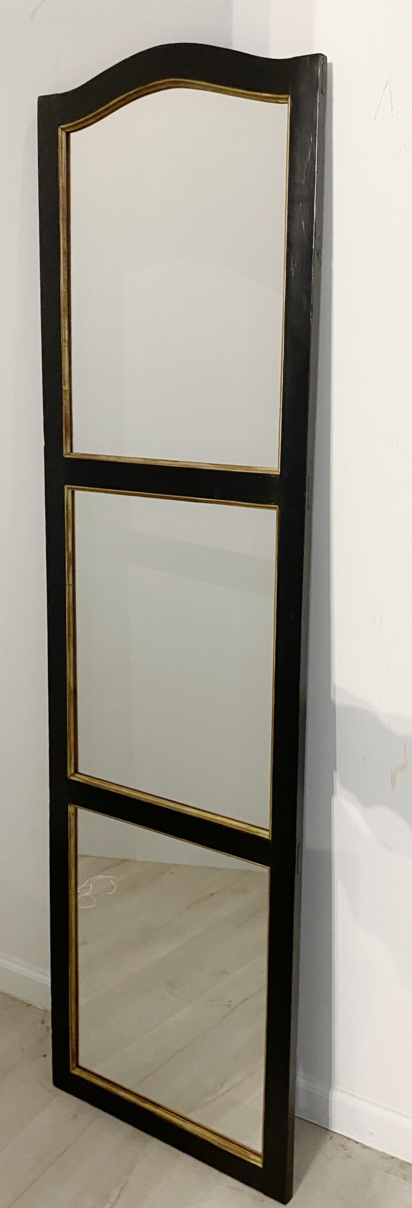 Large Black and Gilt Window Pane Paneled Mirrors (Each H 74 x W 20 7/8) In Good Condition For Sale In Austin, TX