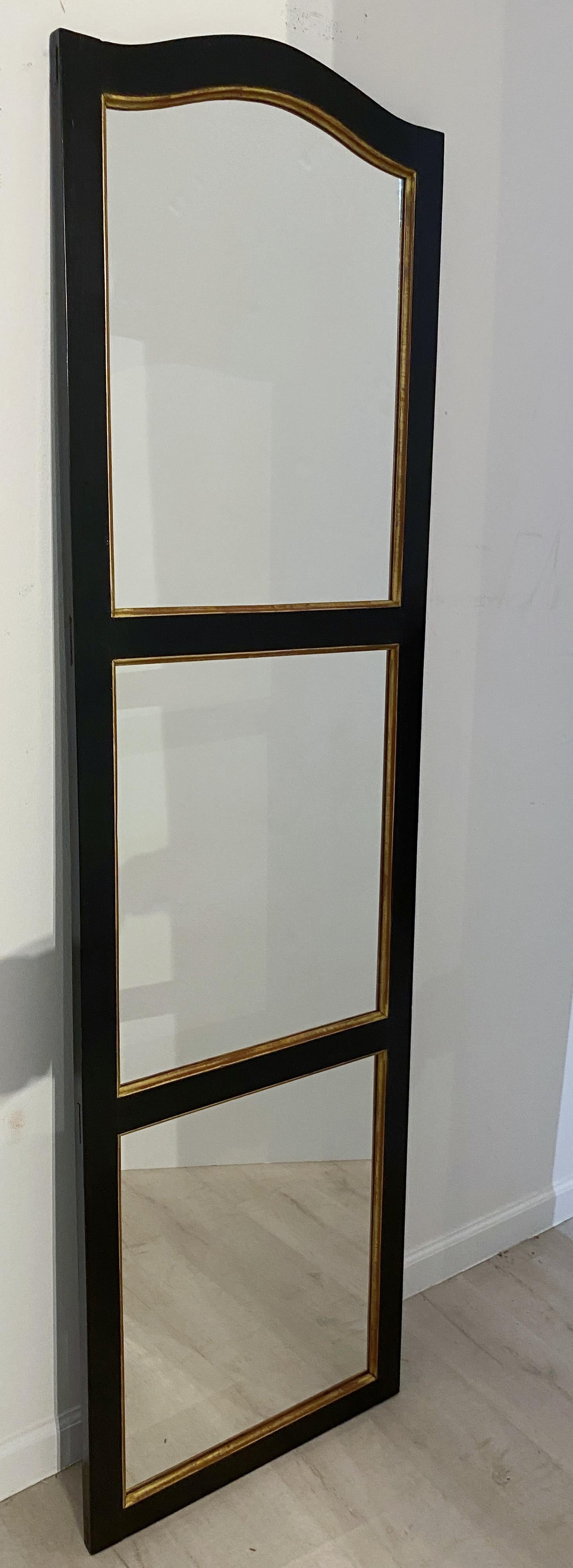 English Large Black and Gilt Window Pane Paneled Mirrors (Each H 74 x W 20 7/8) For Sale