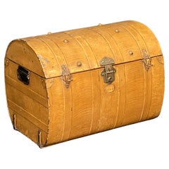 Antique English Toleware Tin Trunk with Faux Wood Finish and Brass Accents