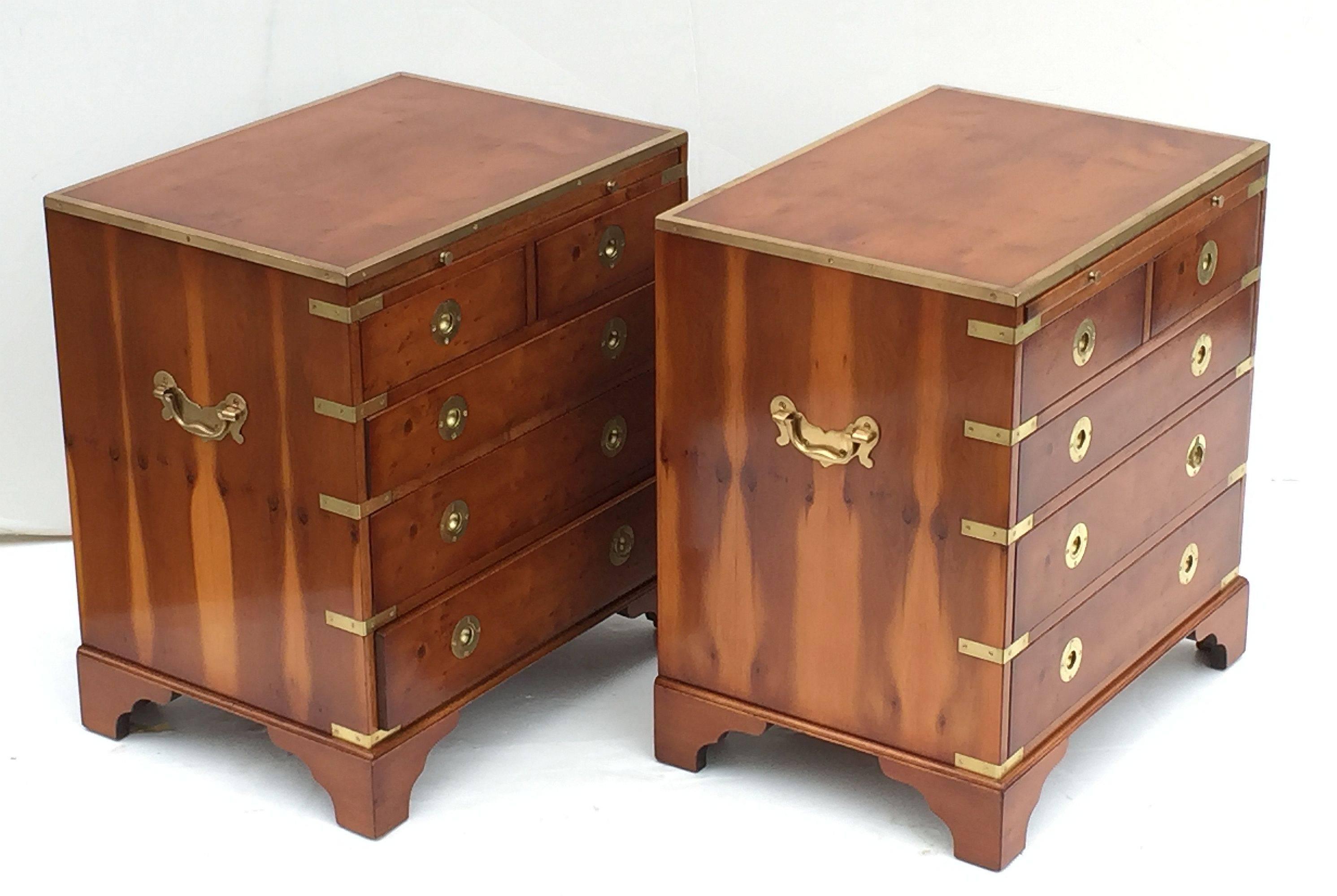Embossed Pair of Campaign Style Nightstands or Low Chests